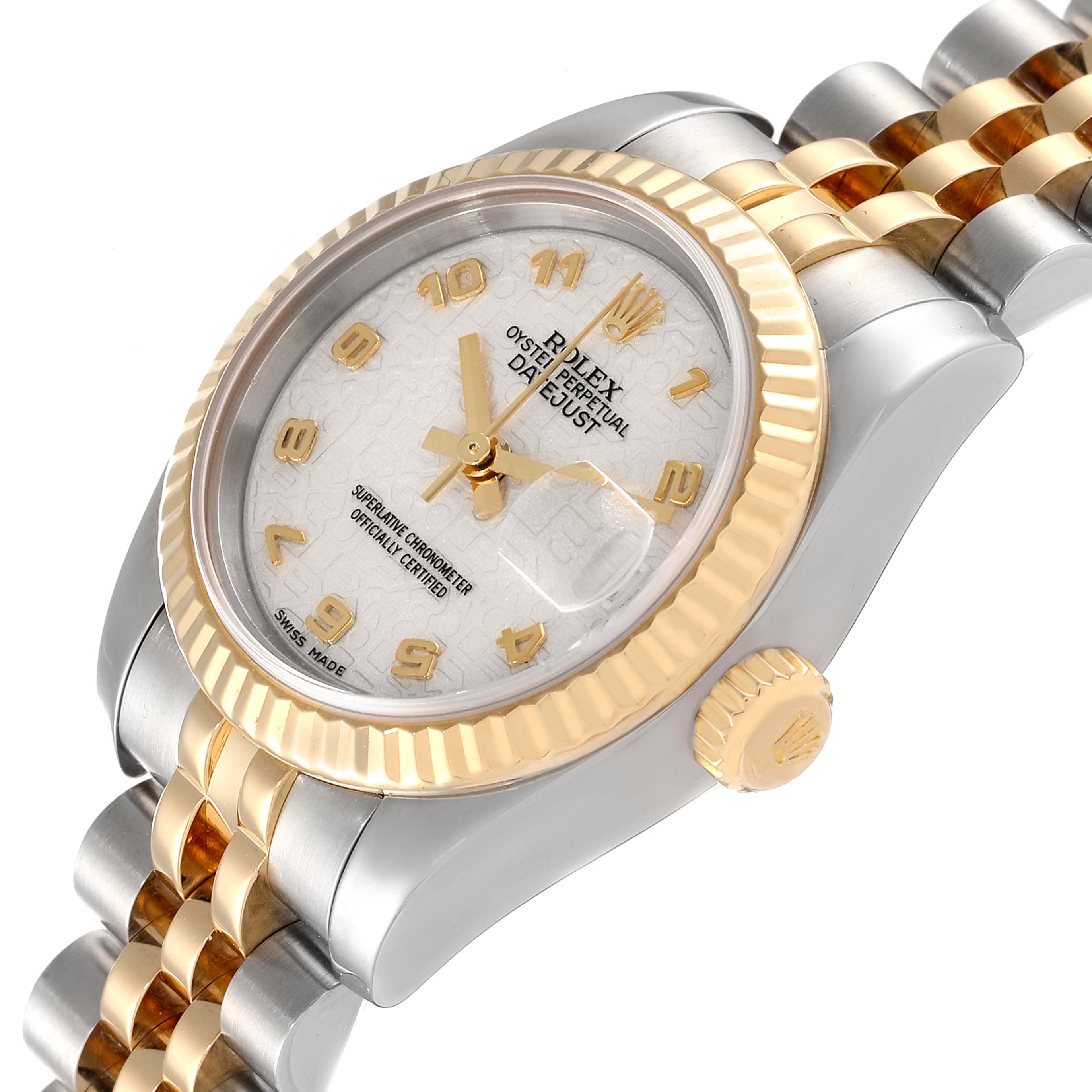 The image shows a close-up angle of the Rolex Datejust 179173 Women's Steel and Gold (two tone) Beige Dial 179173 Women's Steel and Gold (two tone) Beige Dial watch, highlighting the dial, bezel, and part of the bracelet.