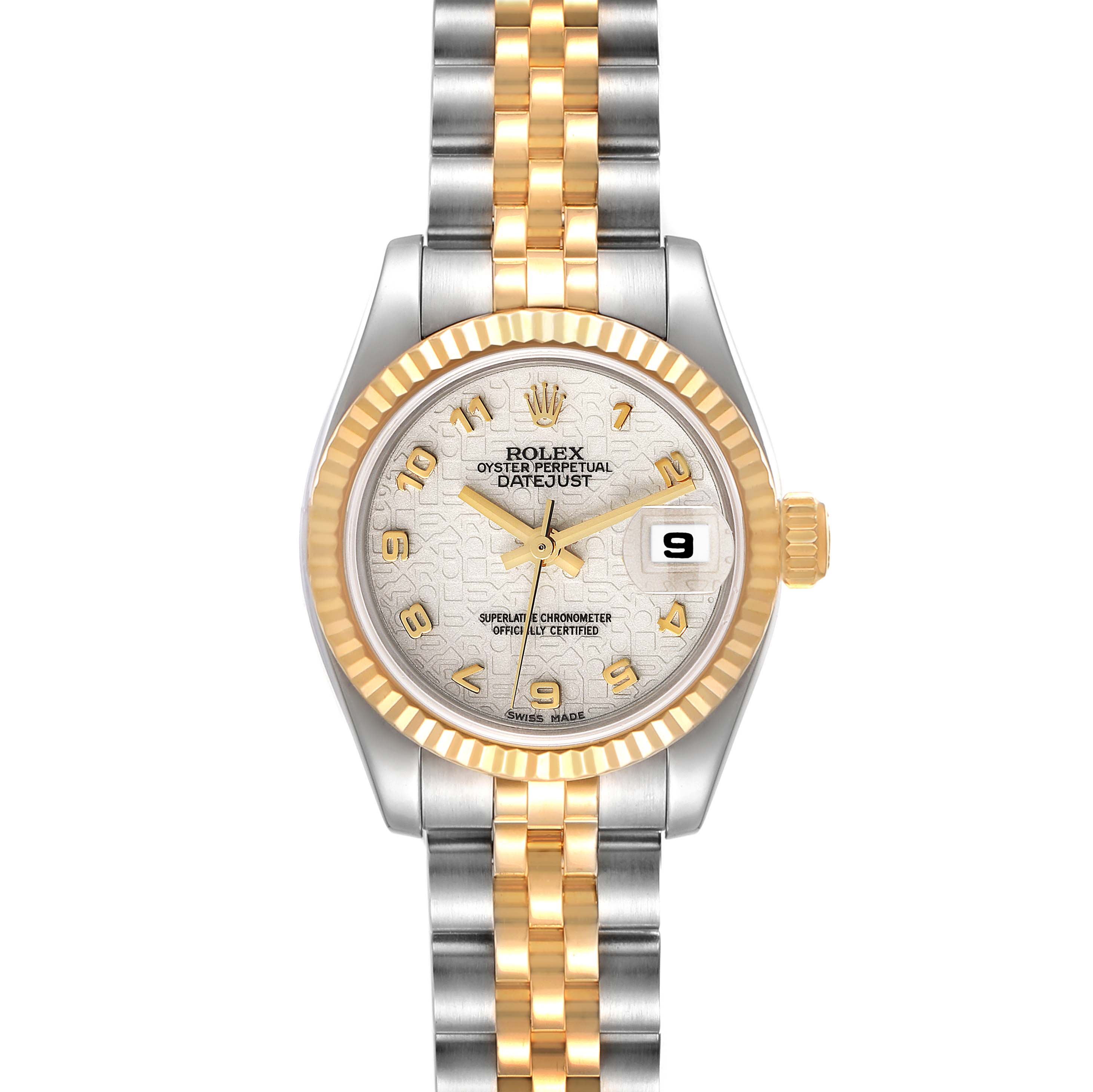 The Rolex Datejust 179173 Women's Steel and Gold (two tone) Beige Dial 179173 Women's Steel and Gold (two tone) Beige Dial watch is shown from the front, displaying its face, bezel, and part of the bracelet.