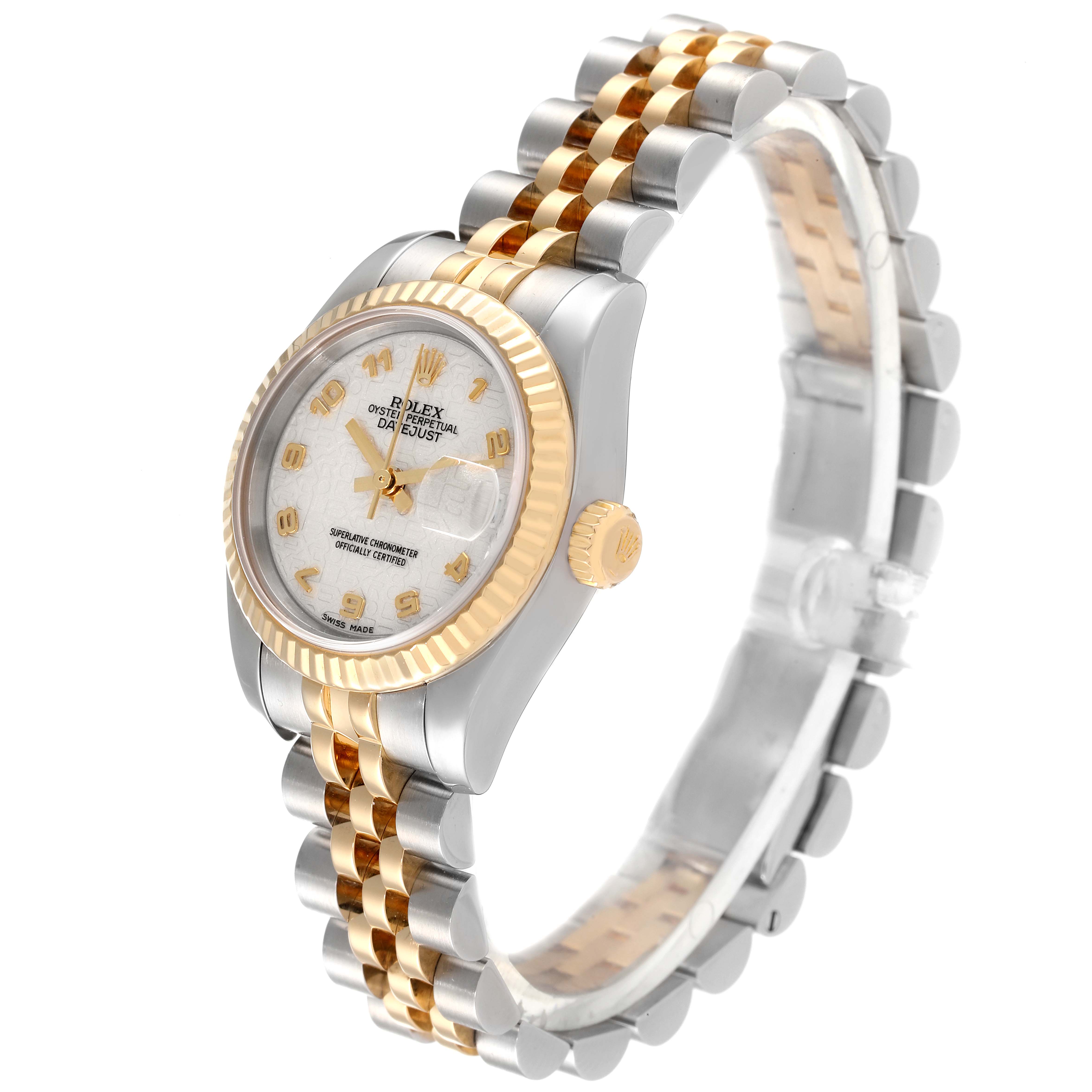The image shows a side angle of a Rolex Datejust 179173 Women's Steel and Gold (two tone) Beige Dial 179173 Women's Steel and Gold (two tone) Beige Dial watch highlighting its dial, fluted bezel, and two-tone bracelet.