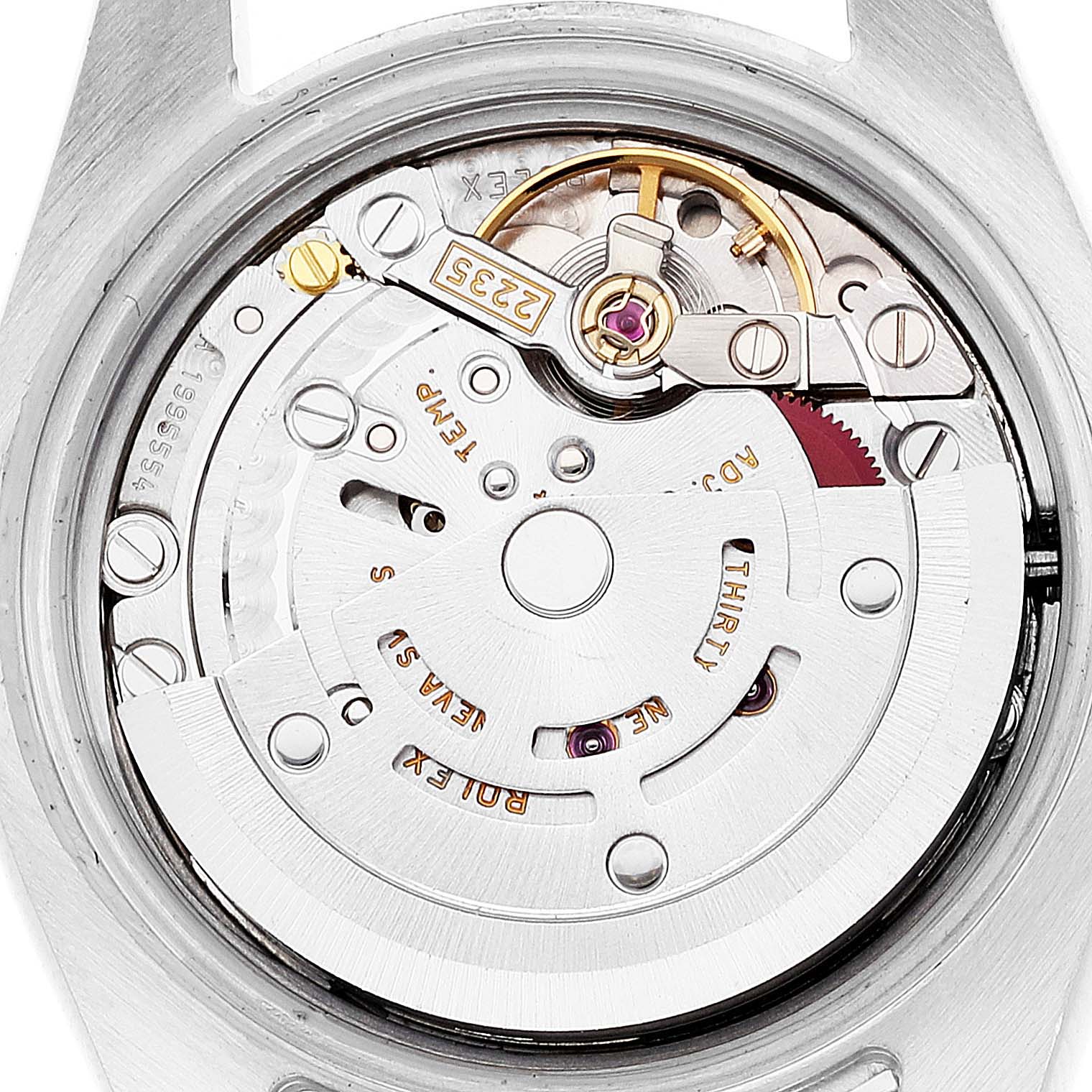 The image shows the movement and inner workings of a Rolex Datejust 179173 Women's Steel and Gold (two tone) Beige Dial 179173 Women's Steel and Gold (two tone) Beige Dial watch from a close-up, top-down angle.