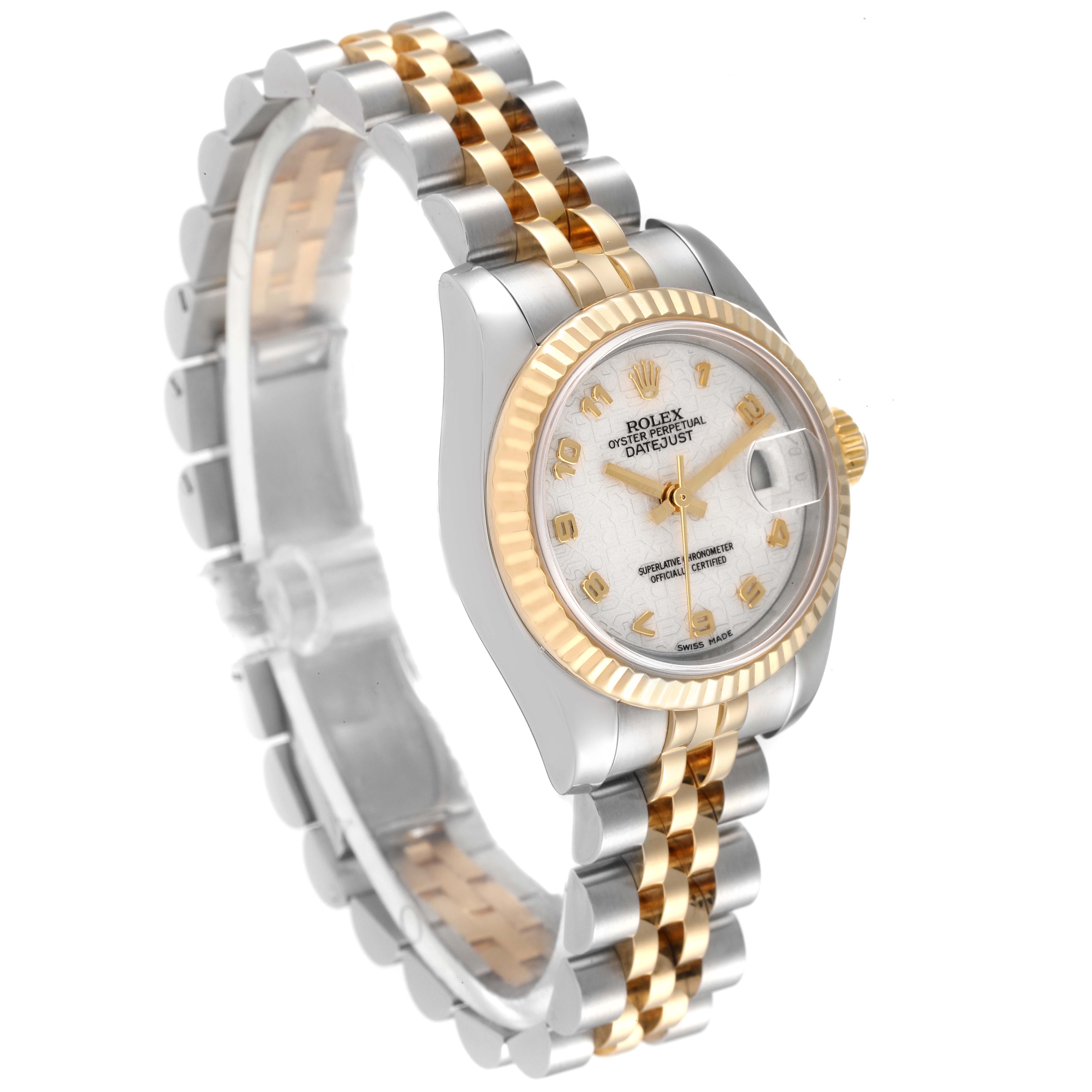 This image of the Rolex Datejust 179173 Women's Steel and Gold (two tone) Beige Dial 179173 Women's Steel and Gold (two tone) Beige Dial watch showcases a side angle highlighting its dial, bezel, and two-tone bracelet.