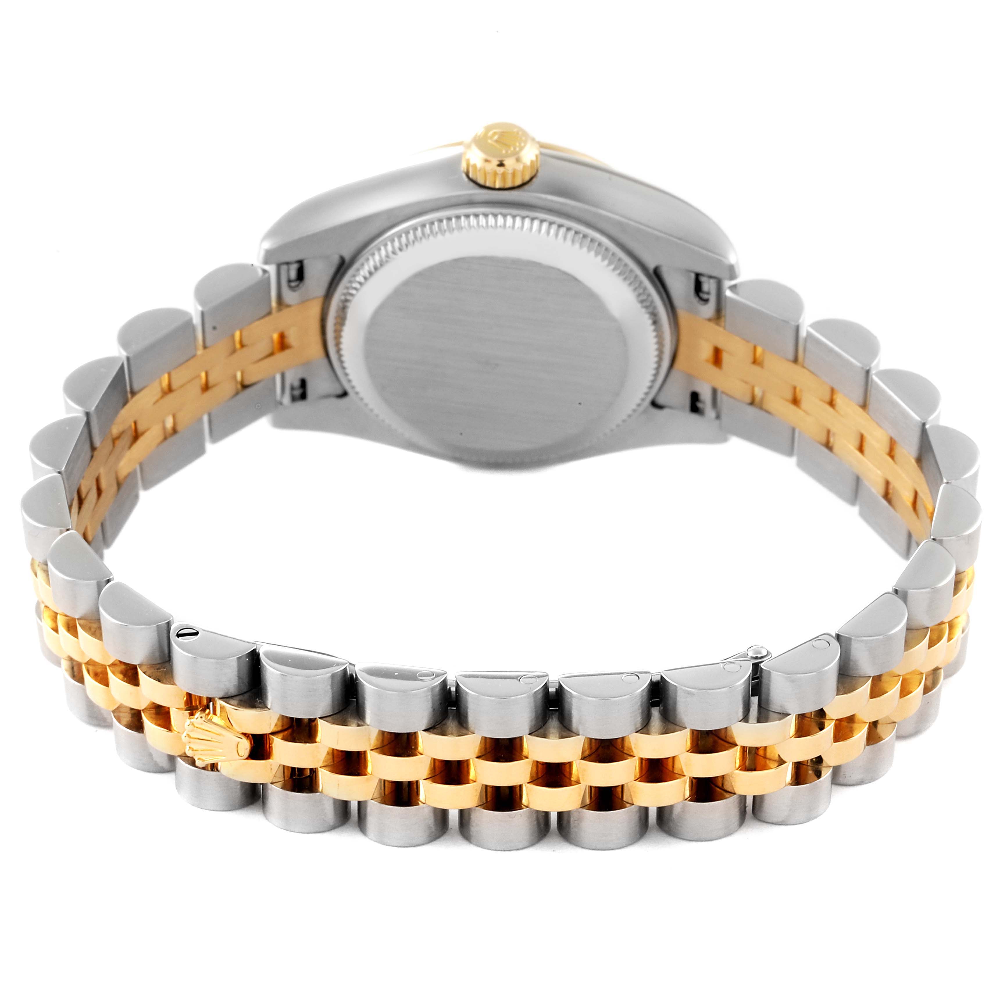 The image shows the back view of a Rolex Datejust 179173 Women's Steel and Gold (two tone) Beige Dial 179173 Women's Steel and Gold (two tone) Beige Dial watch, focusing on its two-tone bracelet and case back.