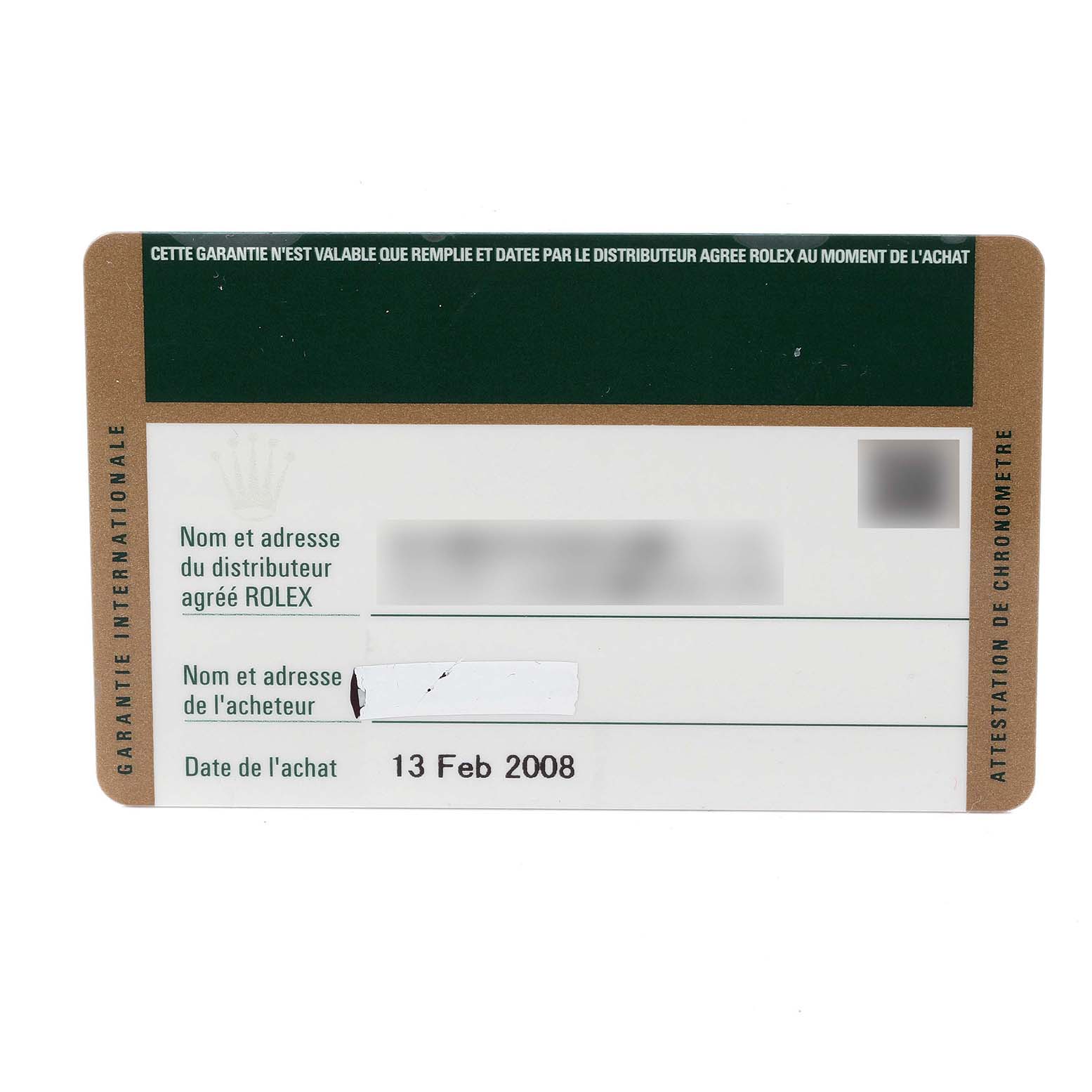 The image shows a warranty card for a Rolex Datejust 179173 Women's Steel and Gold (two tone) Beige Dial 179173 Women's Steel and Gold (two tone) Beige Dial model, including purchase date and distributor information.