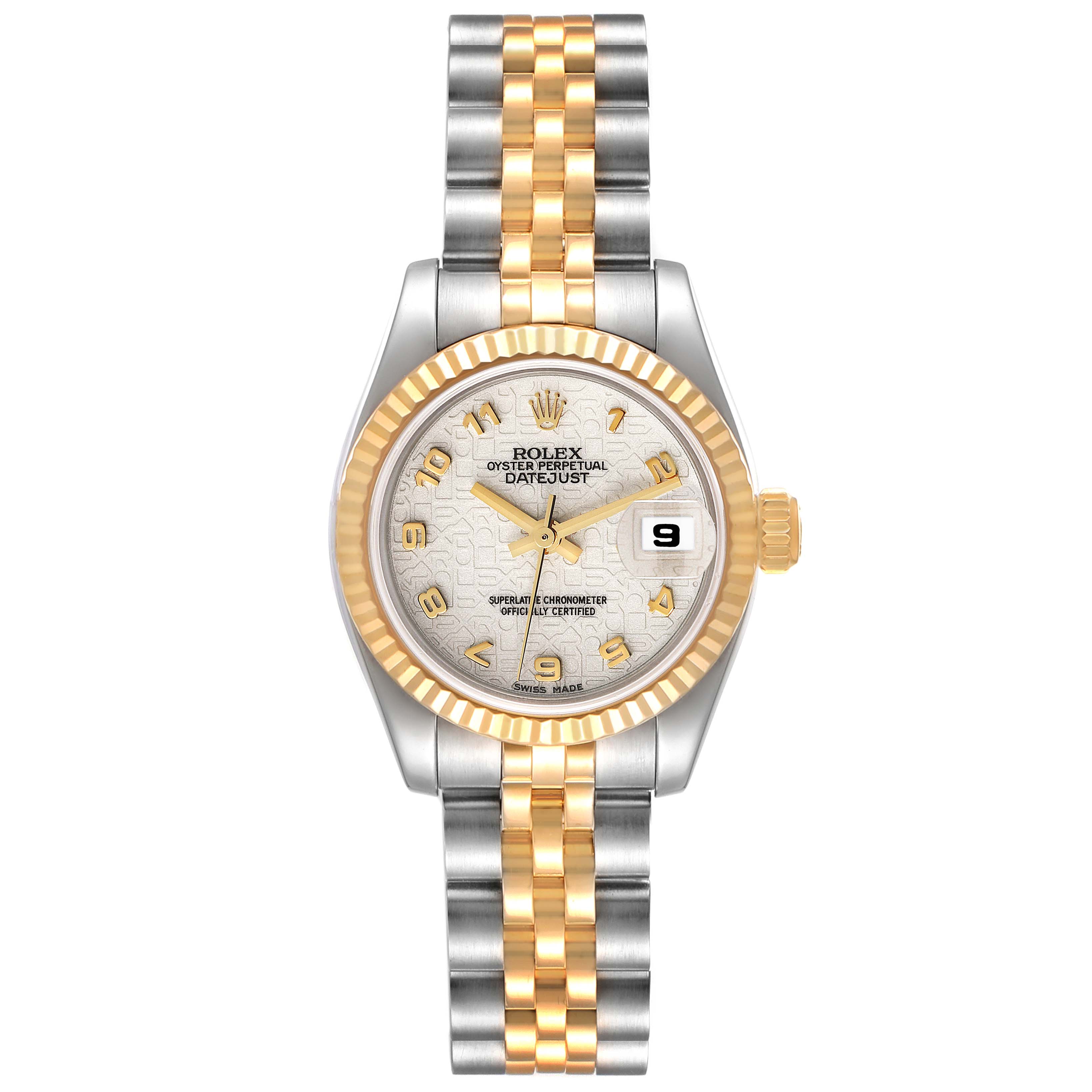 This image shows a Rolex Datejust 179173 Women's Steel and Gold (two tone) Beige Dial 179173 Women's Steel and Gold (two tone) Beige Dial watch from a top-down angle, highlighting its face, bezel, and bracelet.
