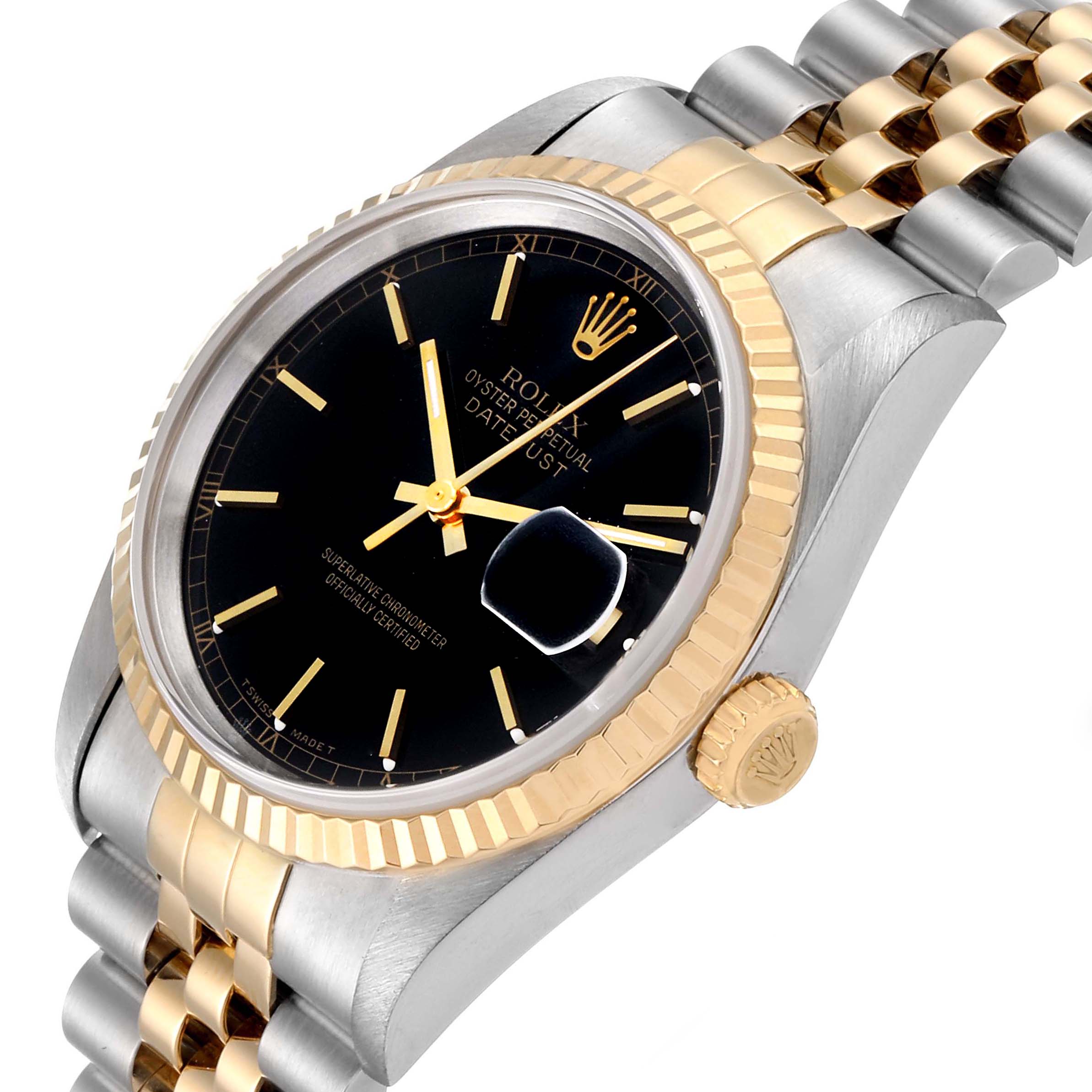 This image shows a close-up of the face, bezel, and bracelet of a Rolex Datejust 16233 Men
s Steel and Gold (two tone) Black Dial 16233 Men
s Steel and Gold (two tone) Black Dial watch, taken from a slightly angled perspective.