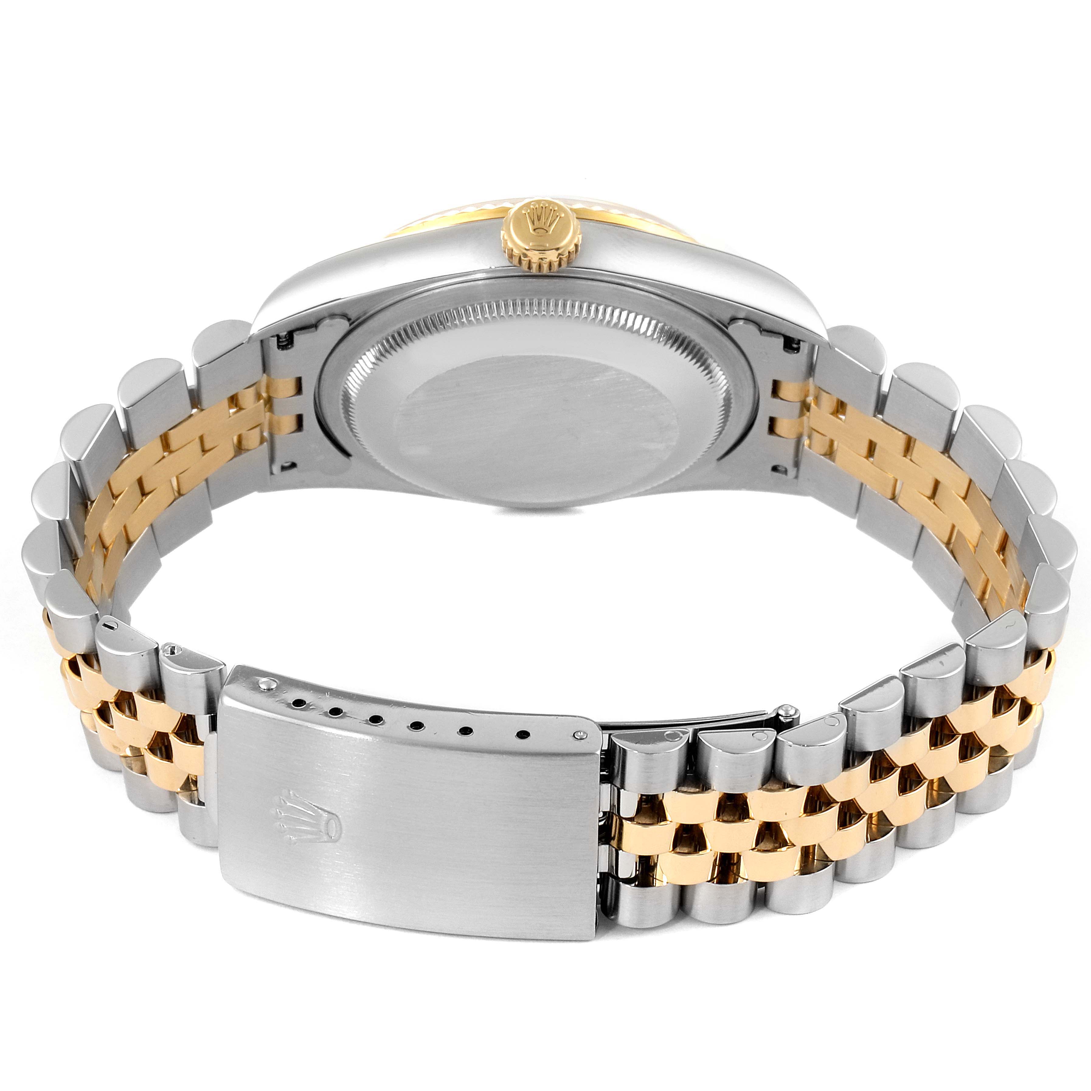 The image shows the back of the Rolex Datejust 16233 Men
s Steel and Gold (two tone) Black Dial 16233 Men
s Steel and Gold (two tone) Black Dial watch, displaying its case, gold crown, and two-tone bracelet clasp.