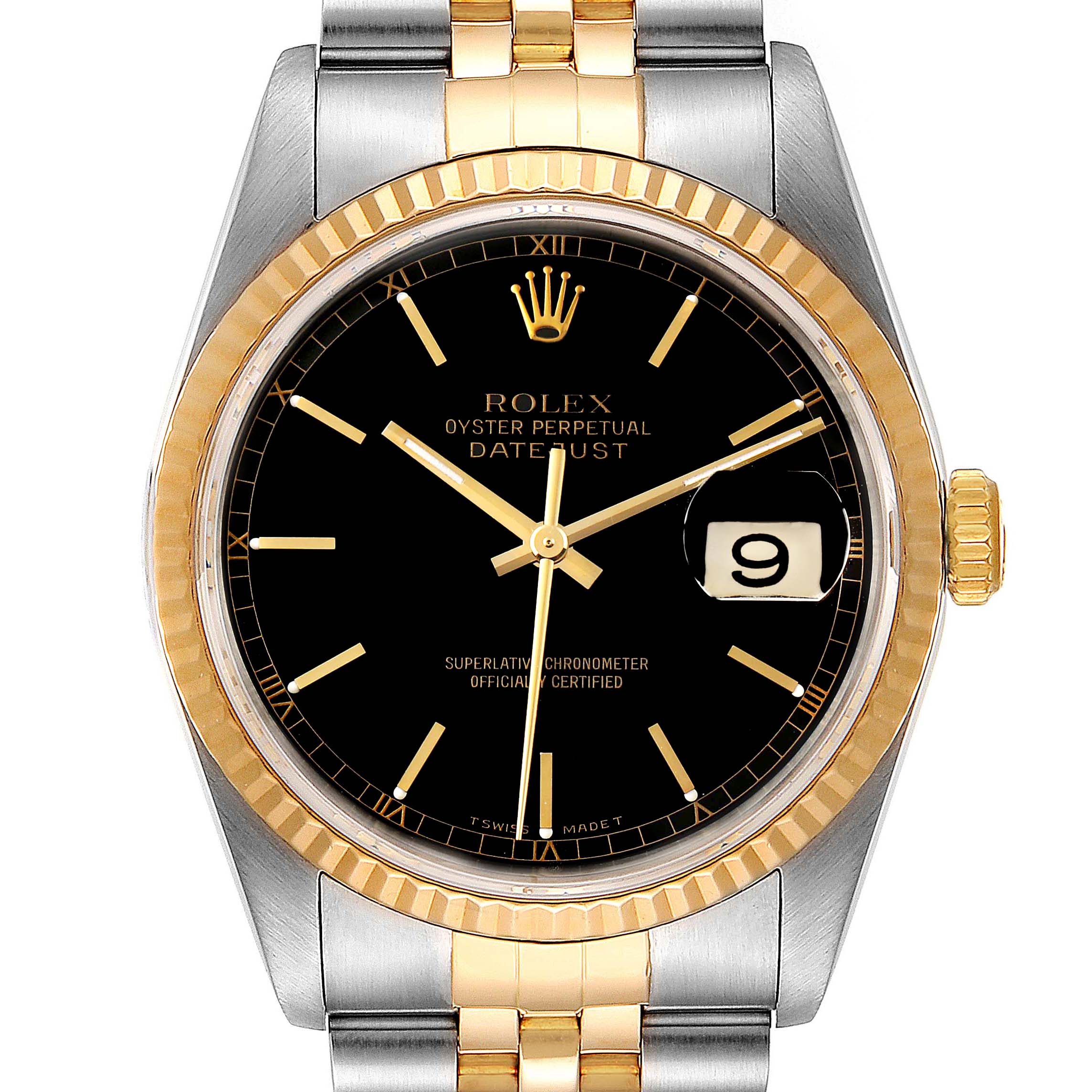This image shows the front view of a Rolex Datejust 16233 Men
s Steel and Gold (two tone) Black Dial 16233 Men
s Steel and Gold (two tone) Black Dial watch, displaying its dial, bezel, crown, and part of the bracelet.