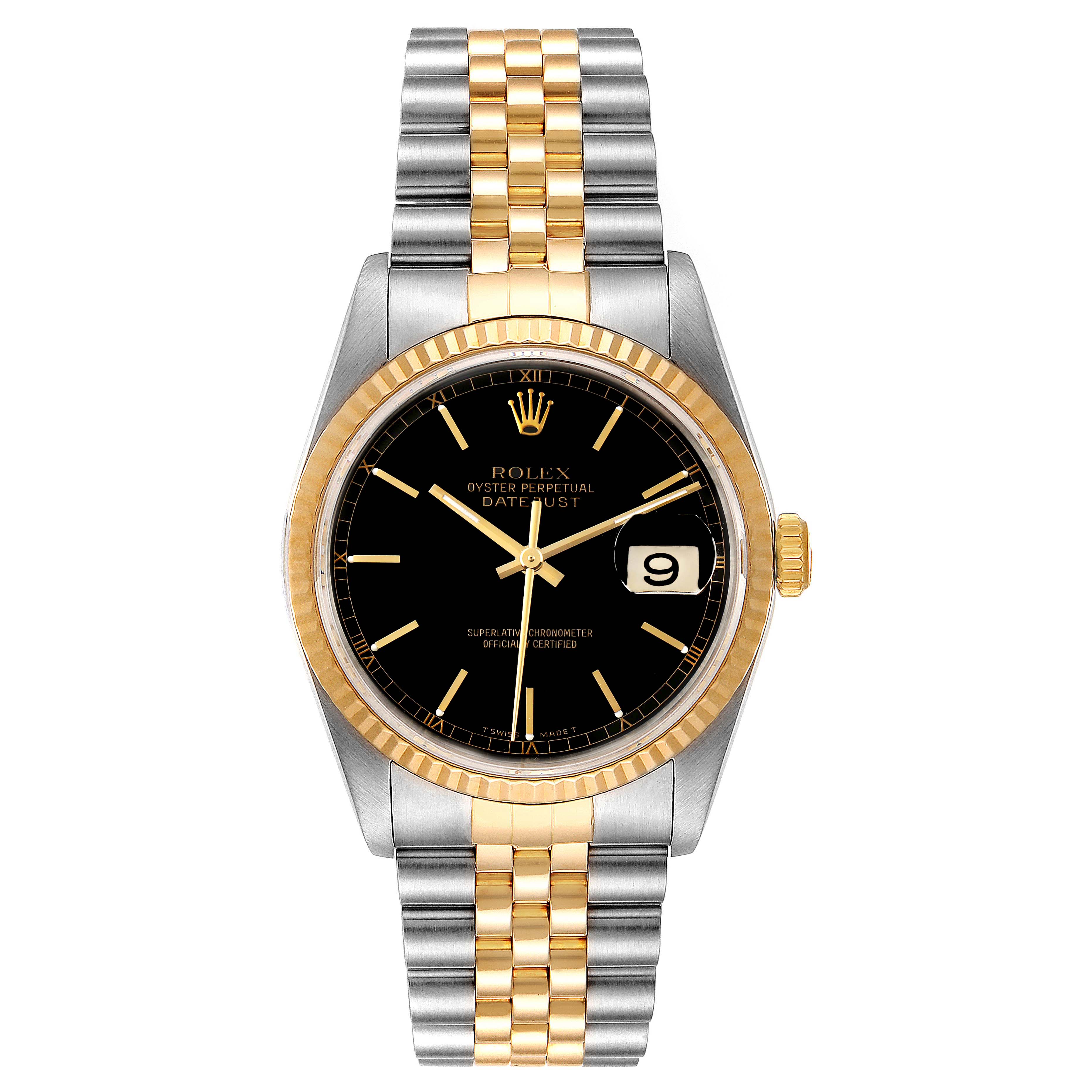 The image shows a front view of a Rolex Datejust 16233 Men
s Steel and Gold (two tone) Black Dial 16233 Men
s Steel and Gold (two tone) Black Dial watch, featuring a two-tone bracelet and a black dial with a date window.
