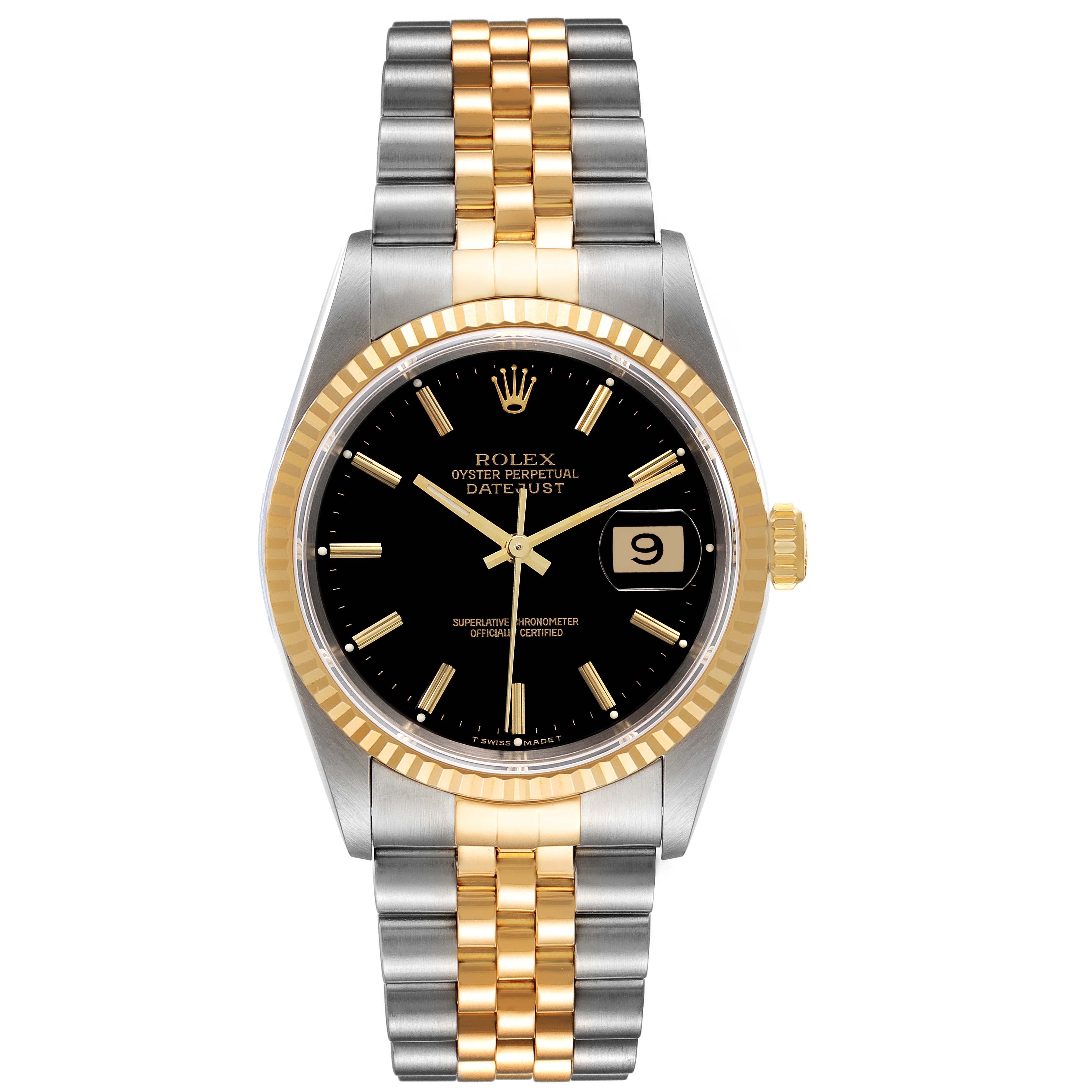 The image shows a frontal view of a Rolex Datejust 16233 Men's Steel and Gold (two tone) Black Dial 16233 Men's Steel and Gold (two tone) Black Dial watch, highlighting its black dial, gold fluted bezel, and two-tone bracelet.