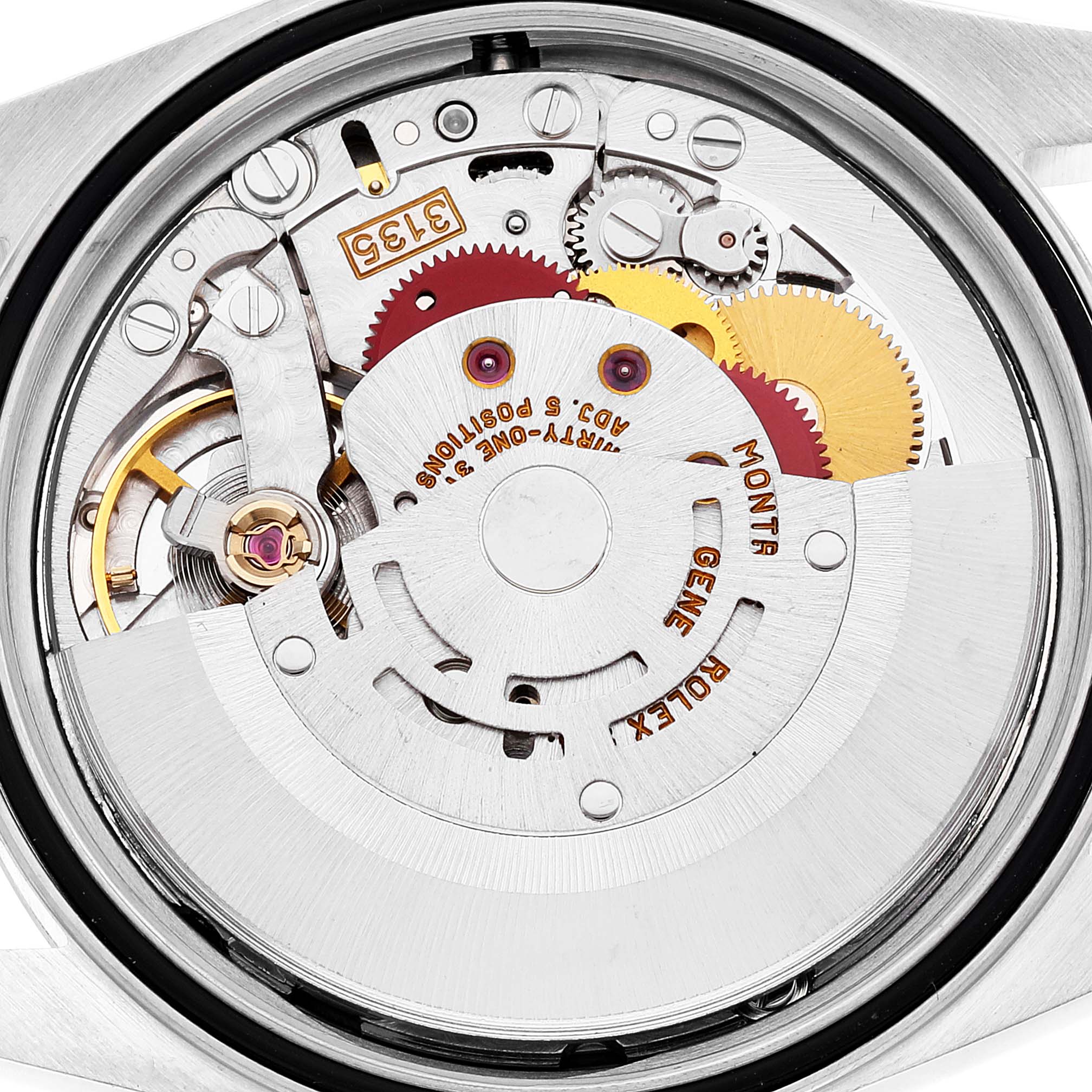 The image shows the back view of a Rolex Datejust 16233 Men's Steel and Gold (two tone) Black Dial 16233 Men's Steel and Gold (two tone) Black Dial model, revealing its intricate internal movement and gears.