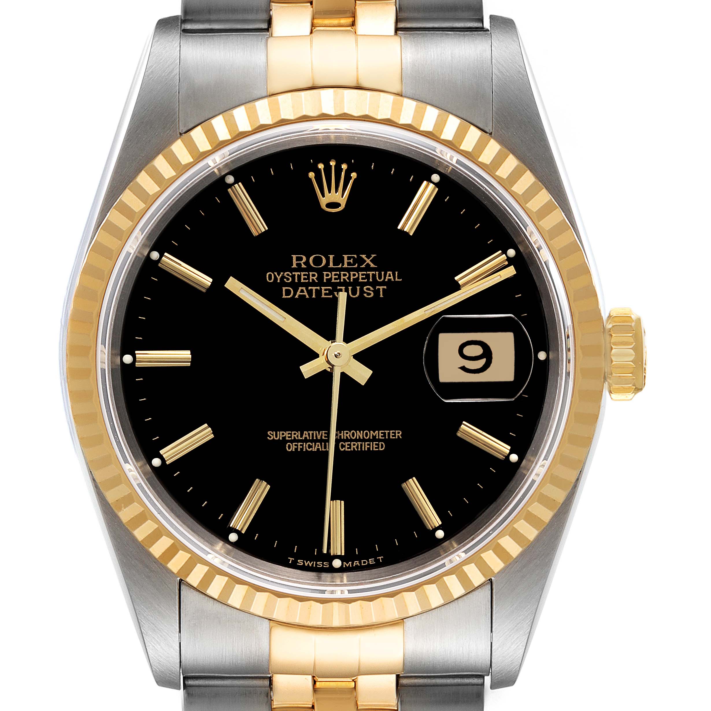 This image shows a front view of the Rolex Datejust 16233 Men's Steel and Gold (two tone) Black Dial 16233 Men's Steel and Gold (two tone) Black Dial watch, highlighting its bezel, dial, hands, and bracelet.