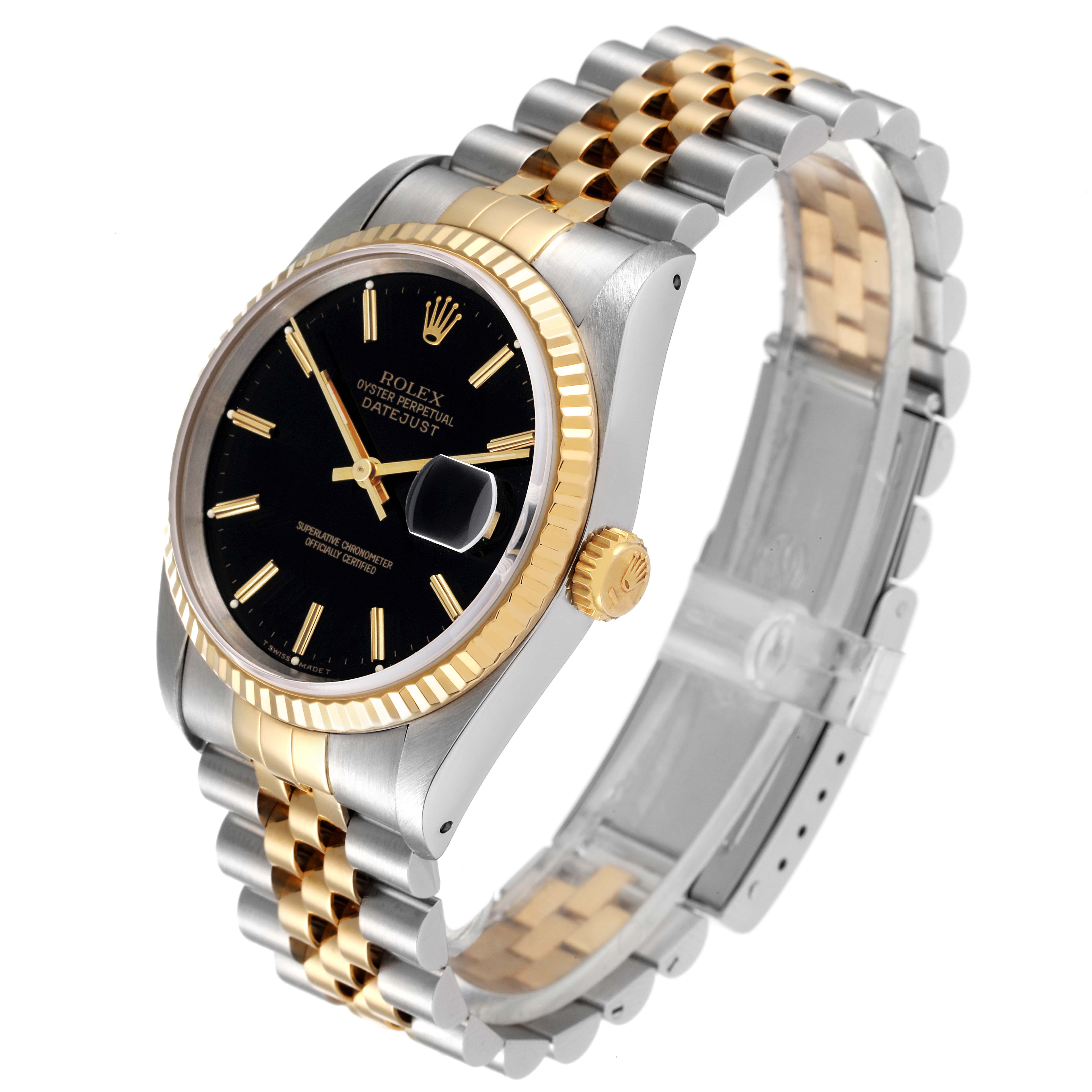 The image shows a Rolex Datejust 16233 Men's Steel and Gold (two tone) Black Dial 16233 Men's Steel and Gold (two tone) Black Dial watch at a three-quarter view, featuring its black dial, gold bezel, and two-tone bracelet.