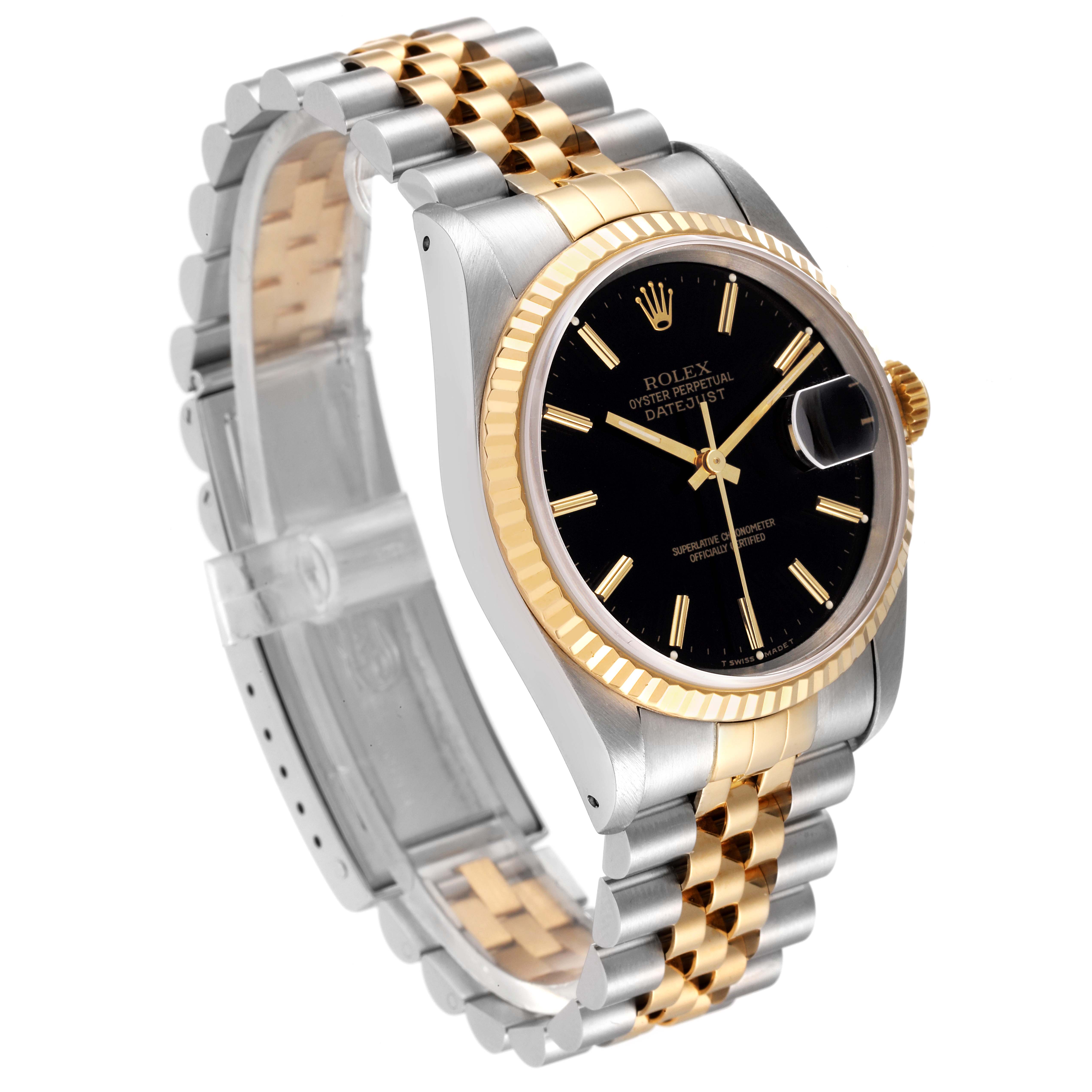 The image shows a Rolex Datejust 16233 Men's Steel and Gold (two tone) Black Dial 16233 Men's Steel and Gold (two tone) Black Dial watch at a three-quarter angle, highlighting the black dial, gold fluted bezel, and two-tone bracelet.