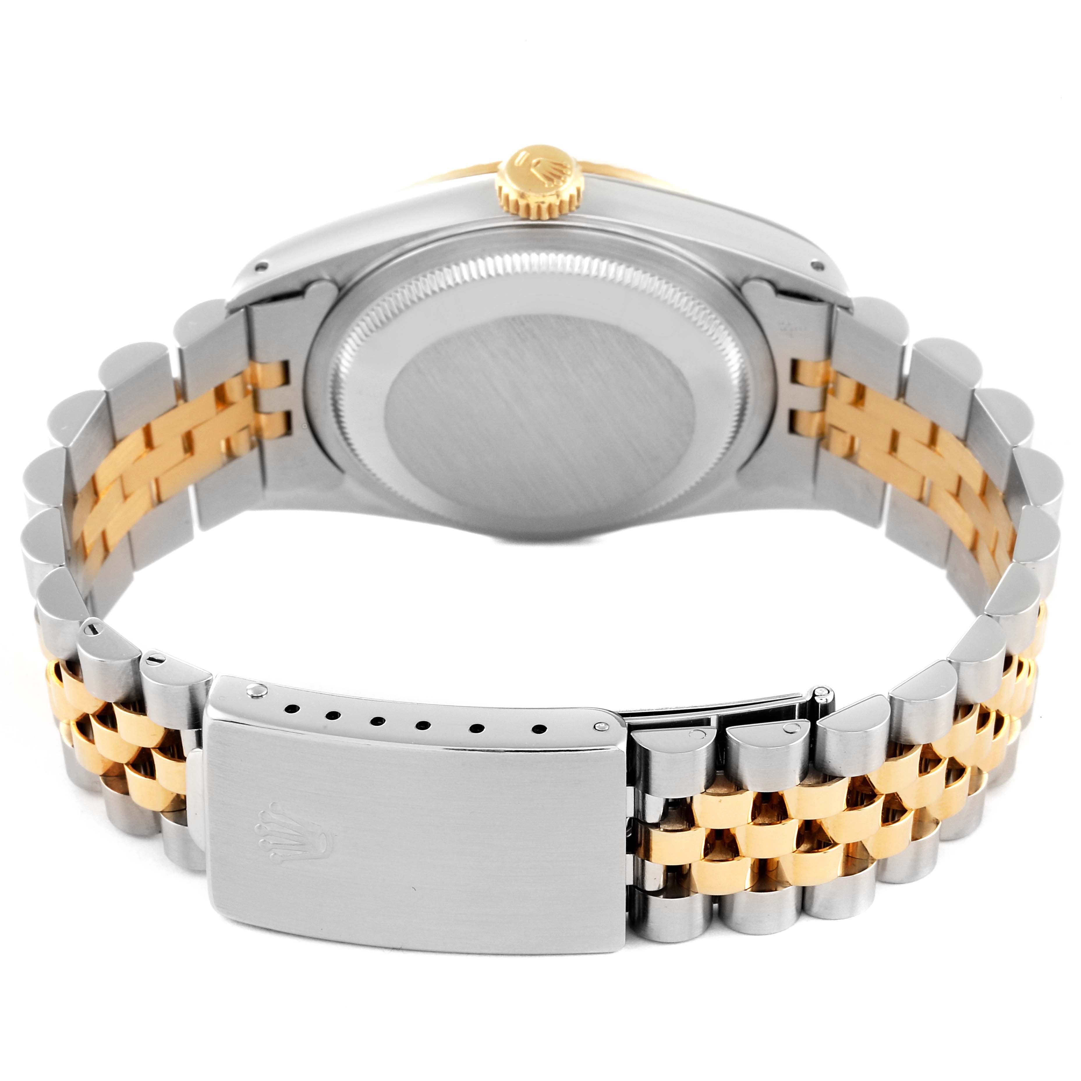 This image shows the back side of a Rolex Datejust 16233 Men's Steel and Gold (two tone) Black Dial 16233 Men's Steel and Gold (two tone) Black Dial watch, highlighting its two-tone bracelet and clasp.