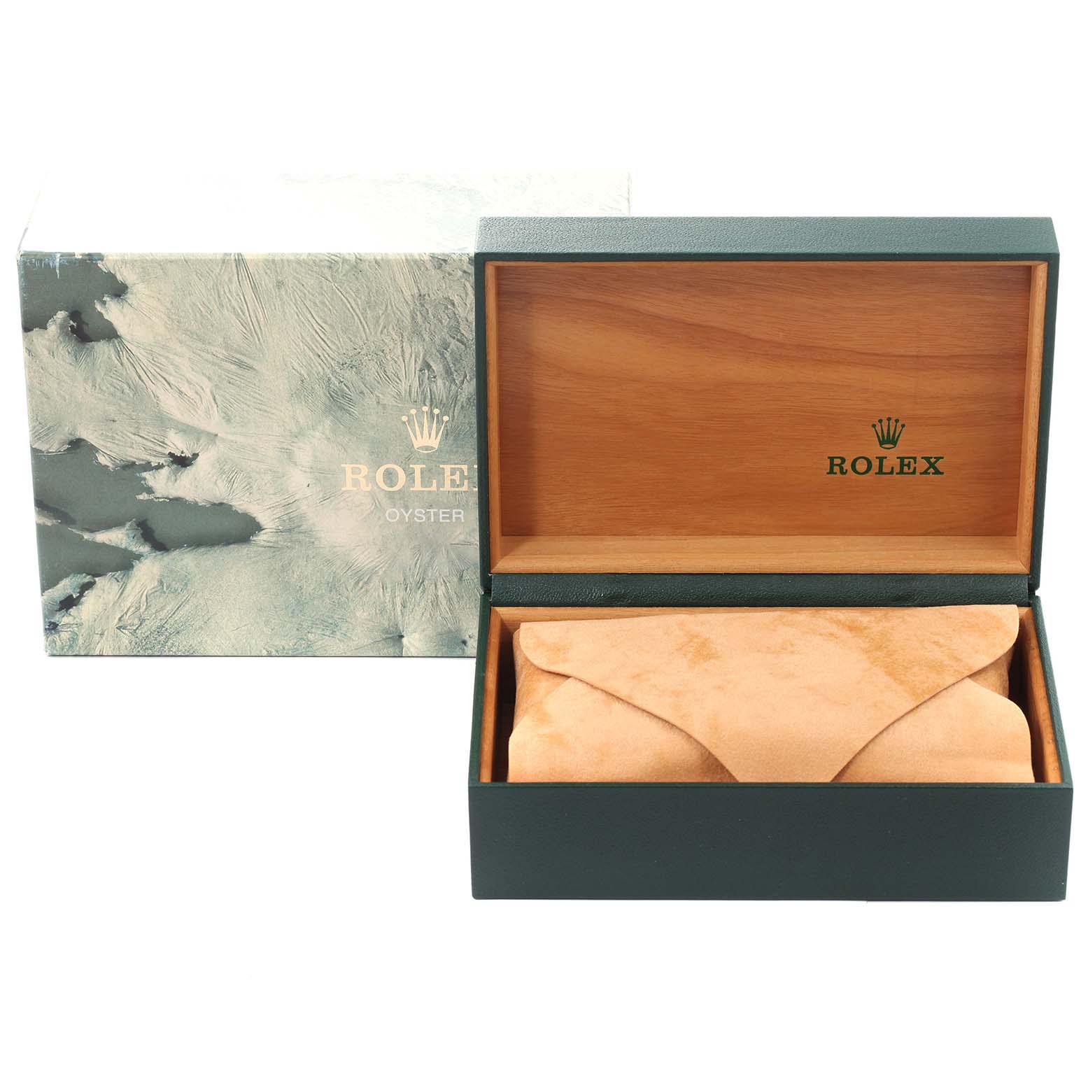 This image shows the open packaging box for a Rolex Datejust 16233 Men's Steel and Gold (two tone) Black Dial 16233 Men's Steel and Gold (two tone) Black Dial with an outer textured box and an inner wooden and suede-lined box.