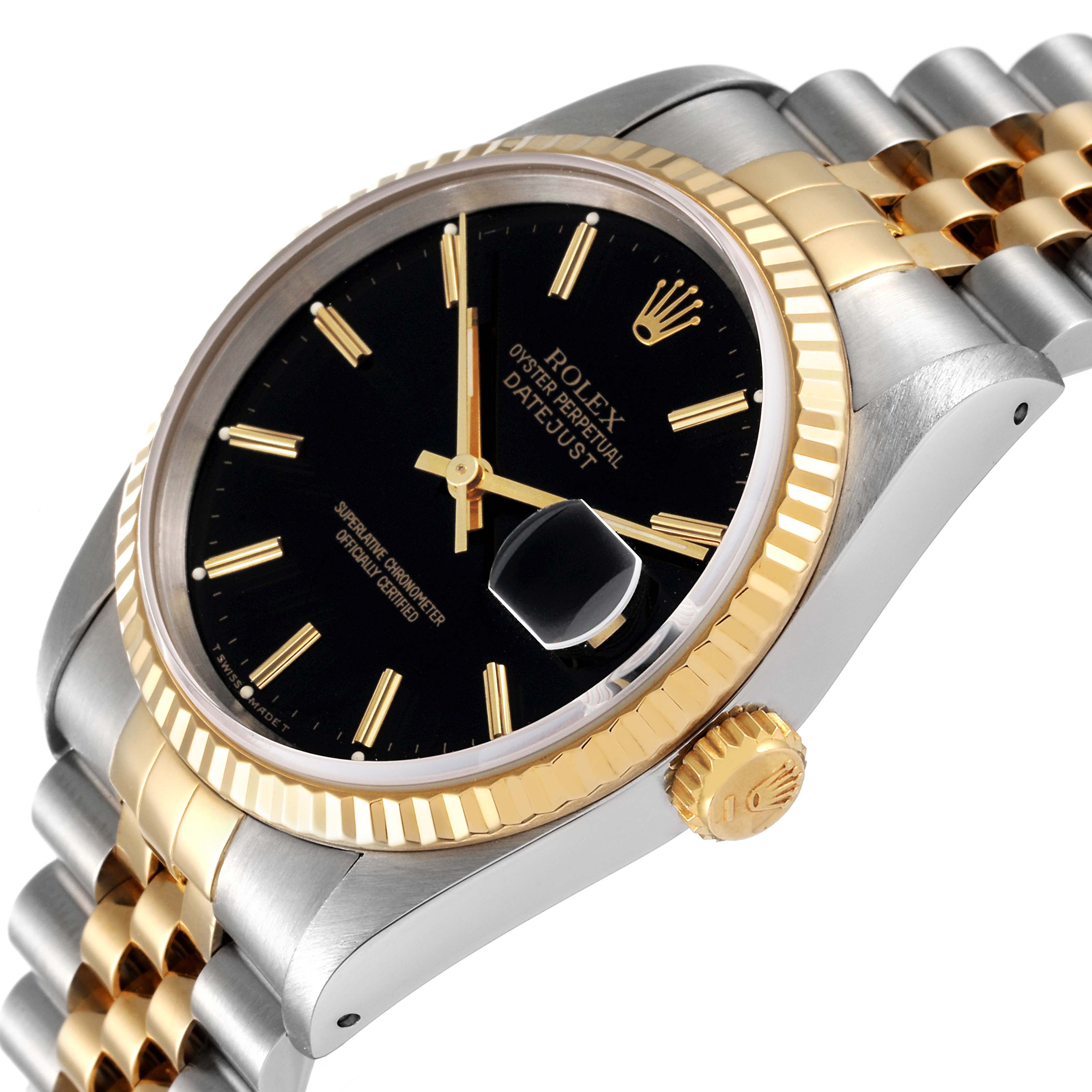 This image shows the Rolex Datejust 16233 Men's Steel and Gold (two tone) Black Dial 16233 Men's Steel and Gold (two tone) Black Dial model at an angle highlighting the black dial, gold bezel, and two-tone bracelet.