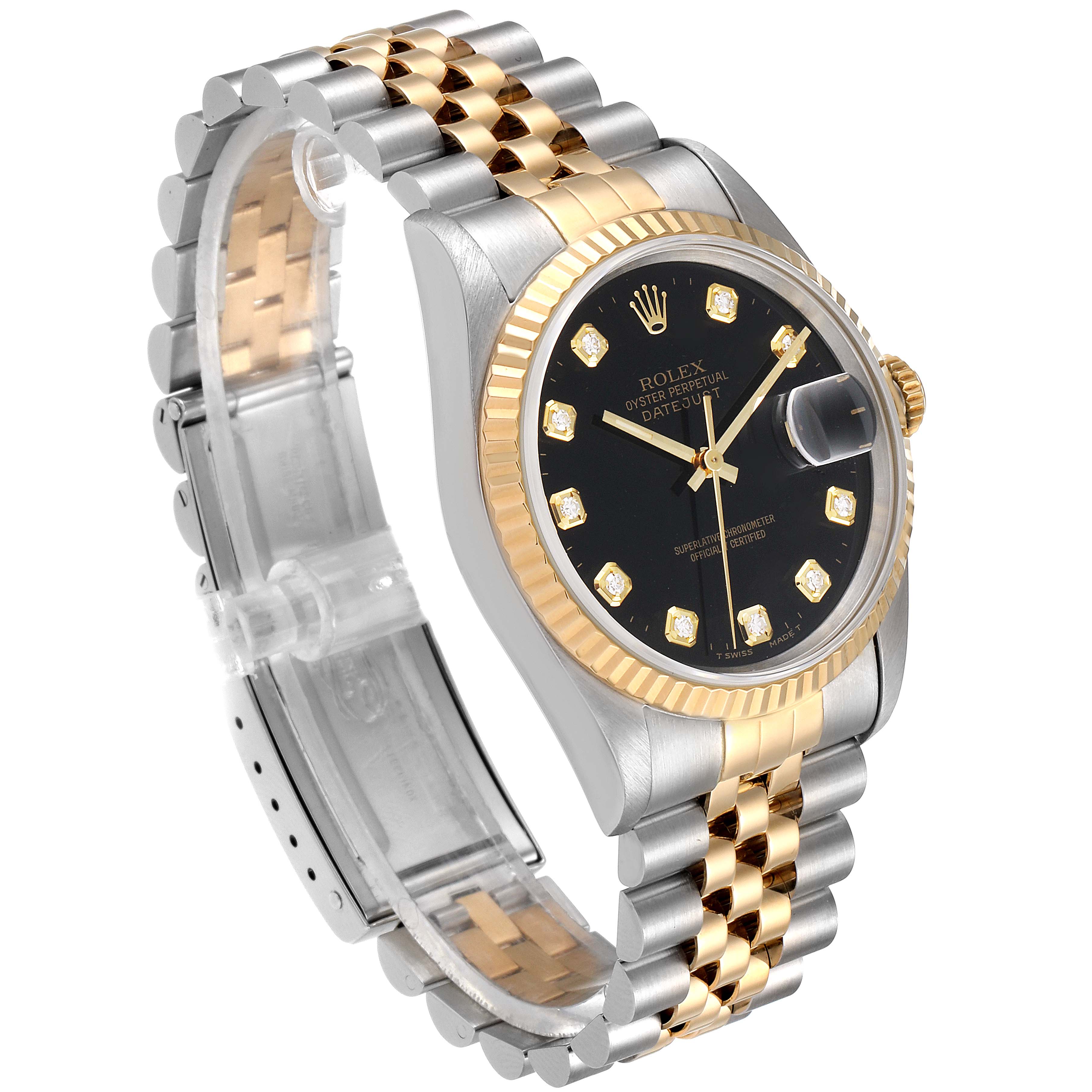 This image shows a three-quarter angle of a Rolex Datejust 16233 Men
s Steel and Gold (two tone) Black Dial 16233 Men
s Steel and Gold (two tone) Black Dial, highlighting its black dial, fluted bezel, and two-tone bracelet.