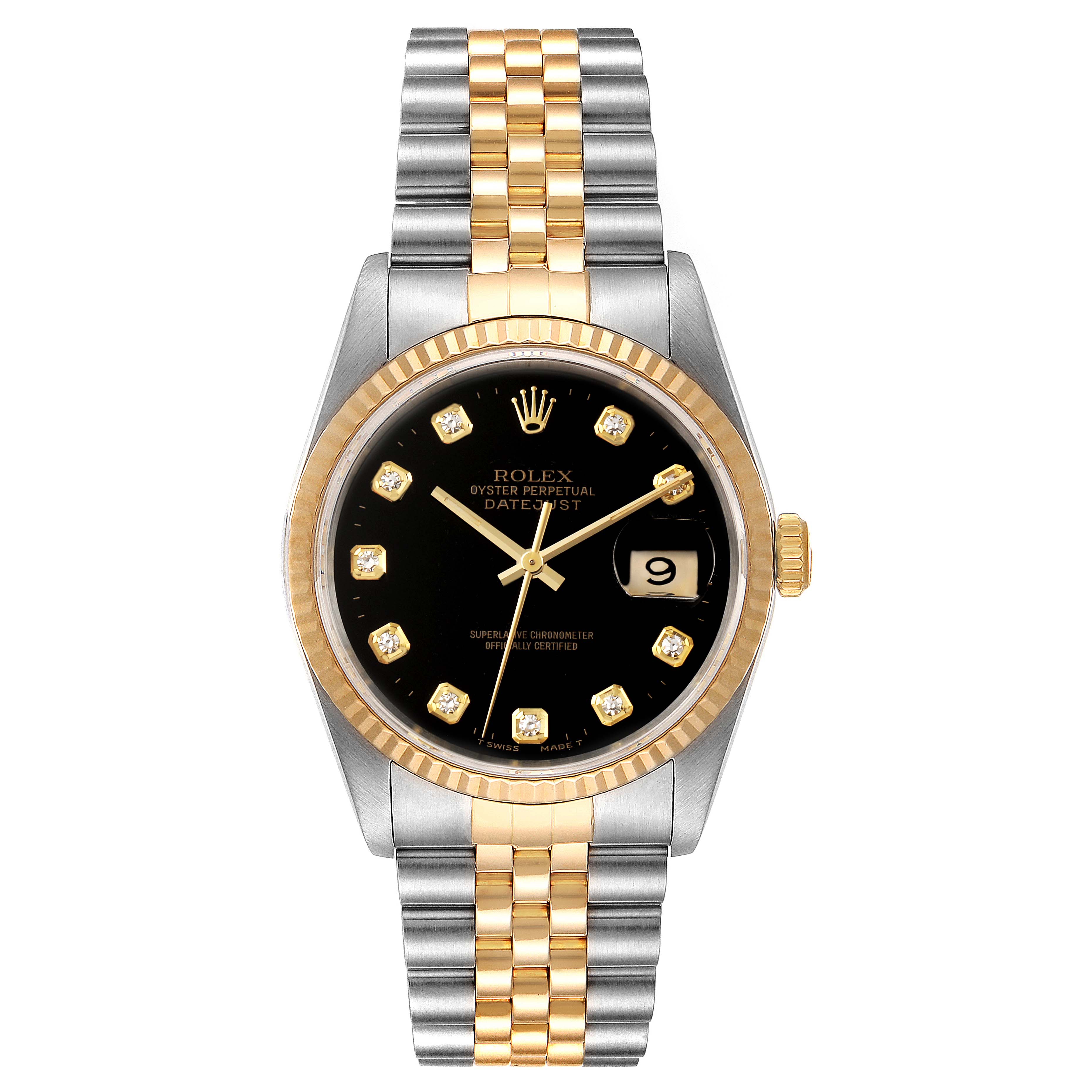 The image displays a front view of a Rolex Datejust 16233 Men
s Steel and Gold (two tone) Black Dial 16233 Men
s Steel and Gold (two tone) Black Dial watch, showcasing its black dial, gold markers, and two-tone bracelet.