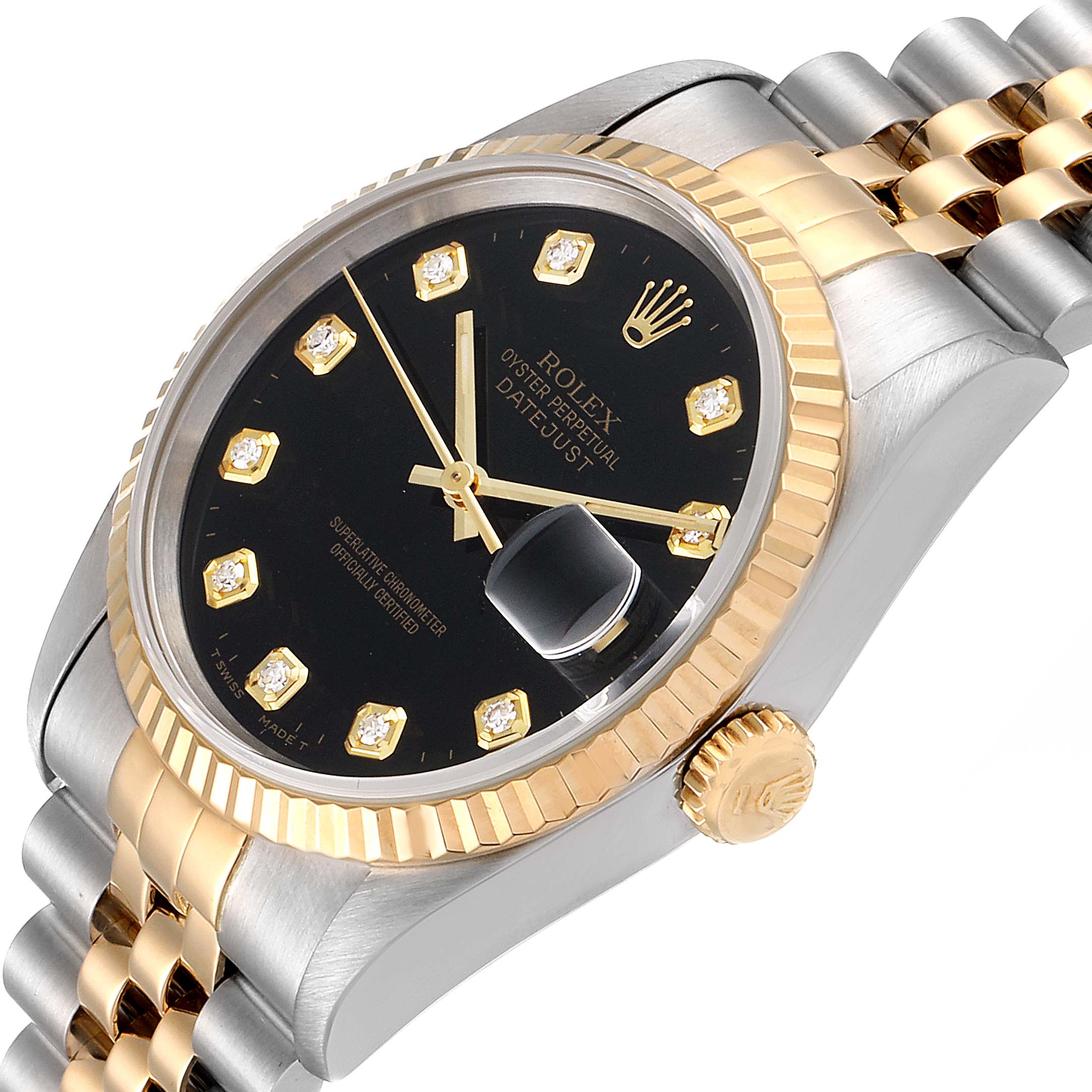 This image shows a Rolex Datejust 16233 Men
s Steel and Gold (two tone) Black Dial 16233 Men
s Steel and Gold (two tone) Black Dial watch at an angle highlighting its face, crown, bezel, and part of the bracelet.