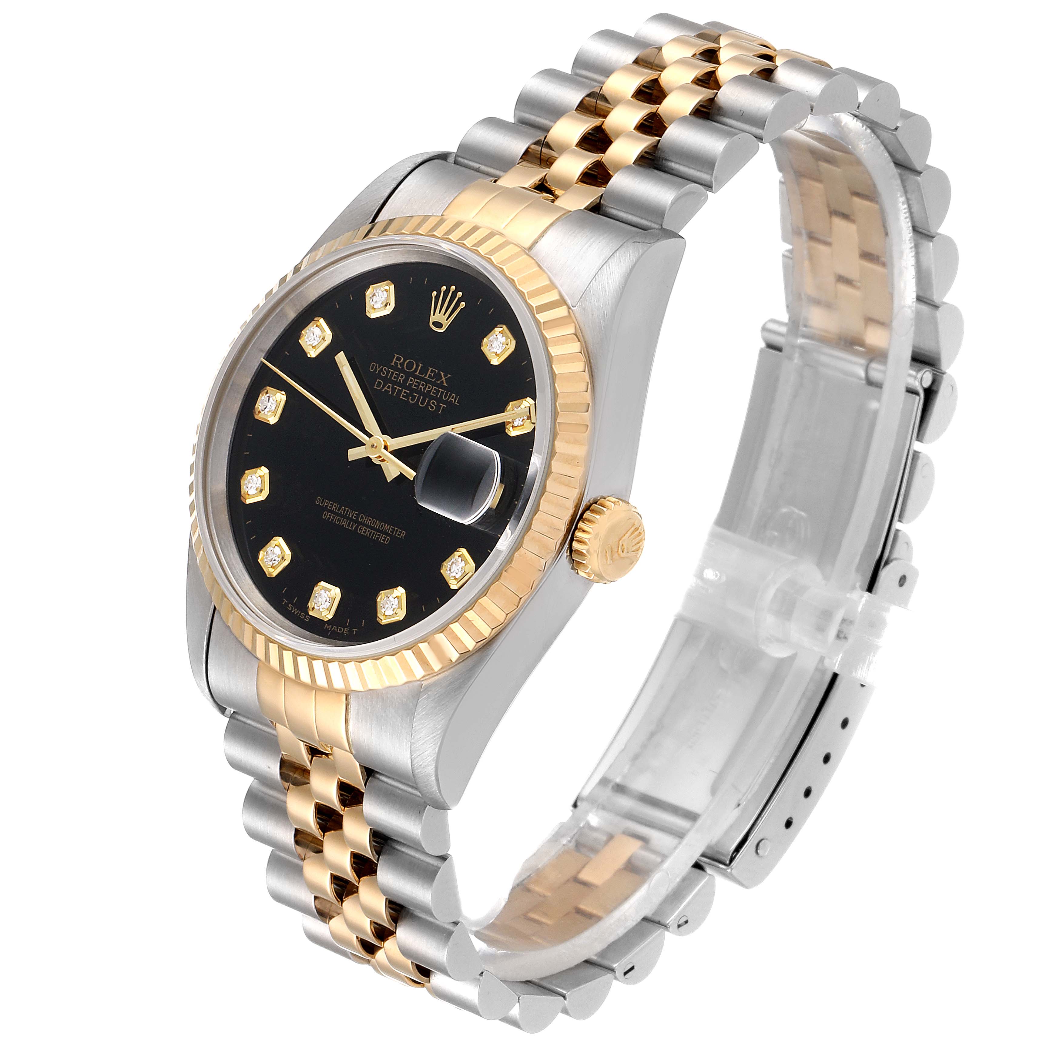The image shows a Rolex Datejust 16233 Men
s Steel and Gold (two tone) Black Dial 16233 Men
s Steel and Gold (two tone) Black Dial watch at a slight angle, highlighting its black dial, fluted bezel, and two-tone bracelet.