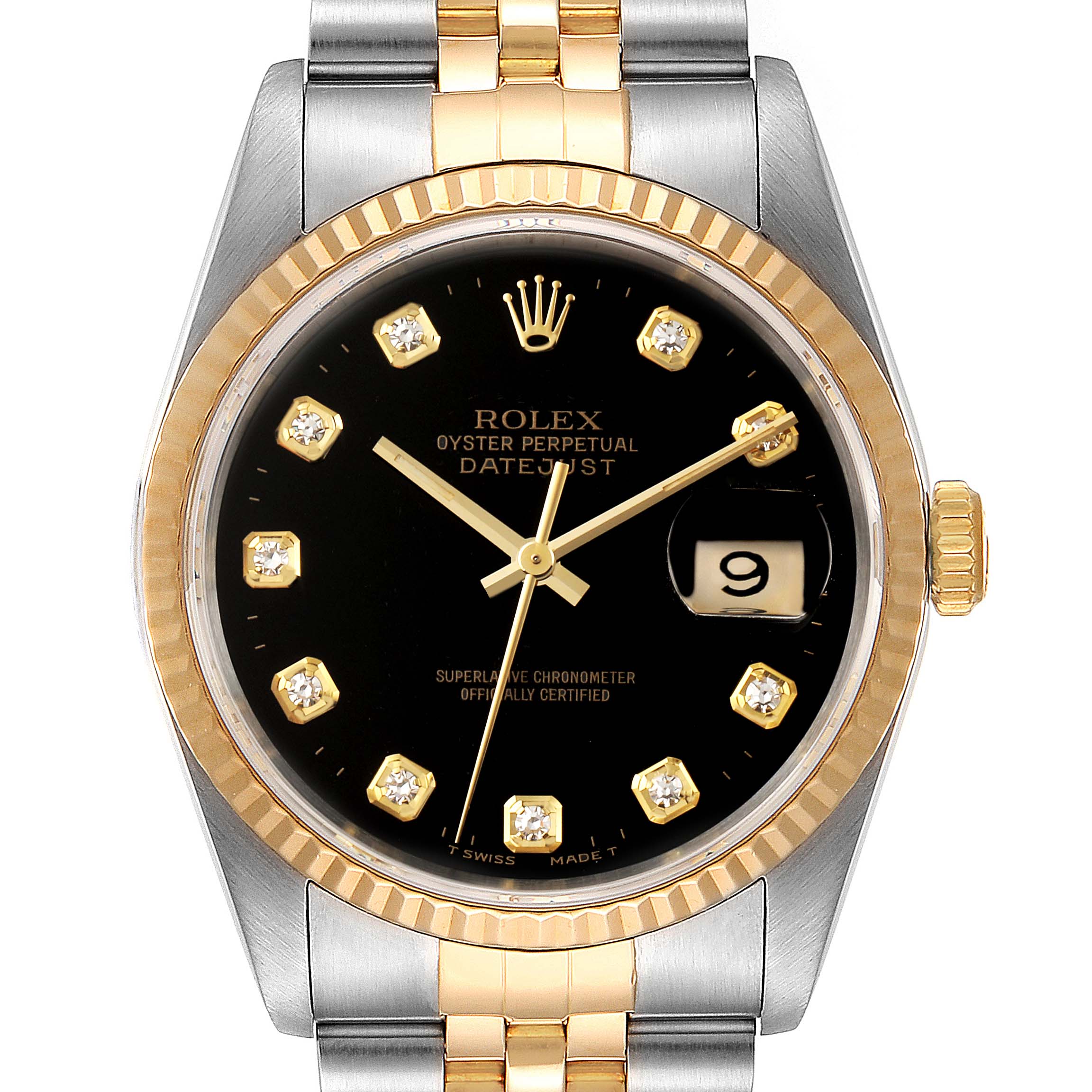 The image shows a frontal view of a Rolex Datejust 16233 Men
s Steel and Gold (two tone) Black Dial 16233 Men
s Steel and Gold (two tone) Black Dial watch featuring a two-tone band and diamond hour markers.