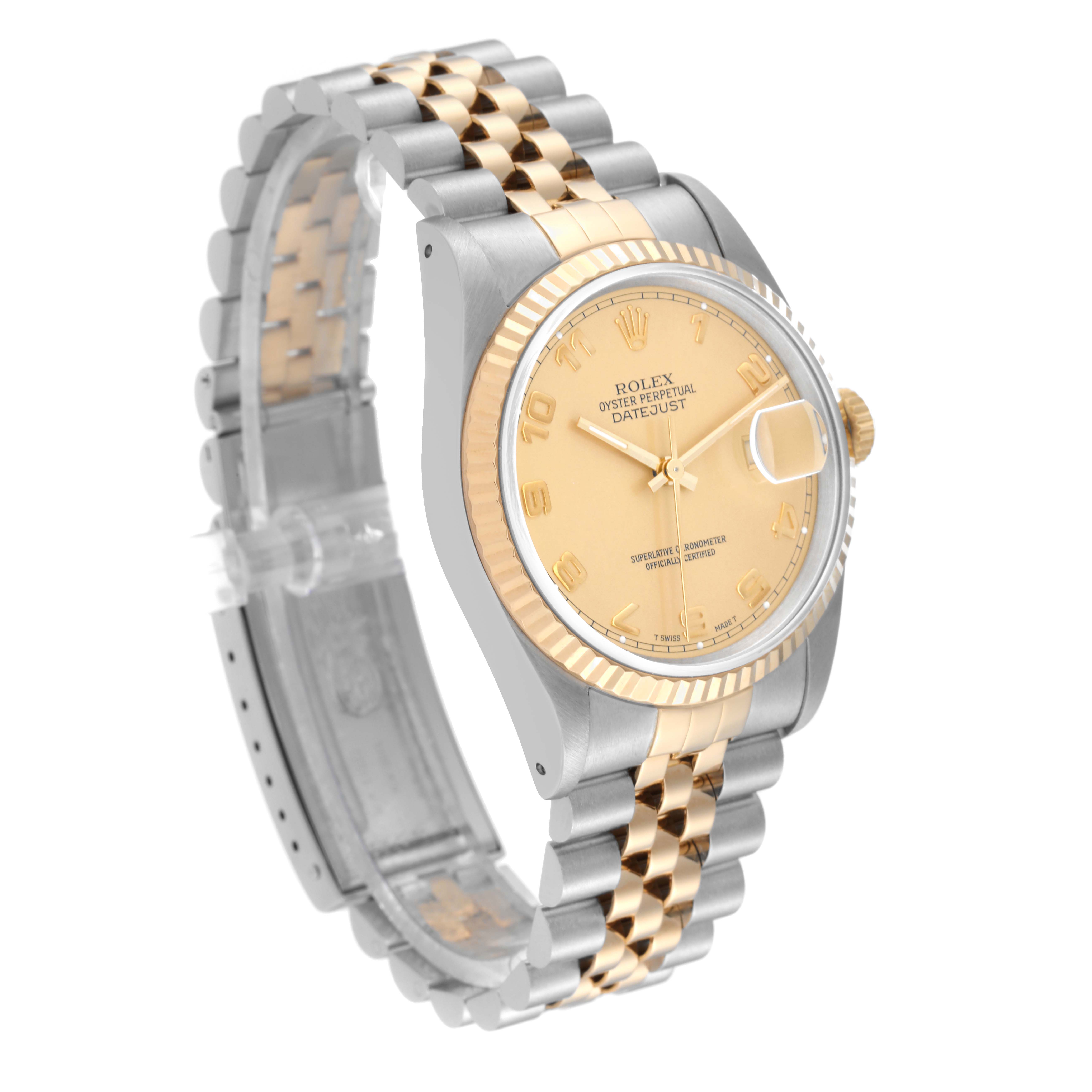 This image shows a Rolex Datejust 16233 Men's Steel and Gold (two tone) Champagne Dial 16233 Men's Steel and Gold (two tone) Champagne Dial watch at a slight angle, highlighting its two-tone bracelet, bezel, and dial with date magnifier.