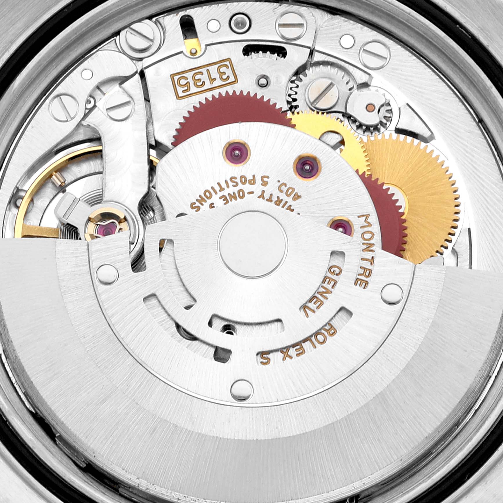 This image shows an up-close view of the Rolex Datejust 16233 Men's Steel and Gold (two tone) Champagne Dial 16233 Men's Steel and Gold (two tone) Champagne Dial movement, highlighting the gears and internal mechanism.