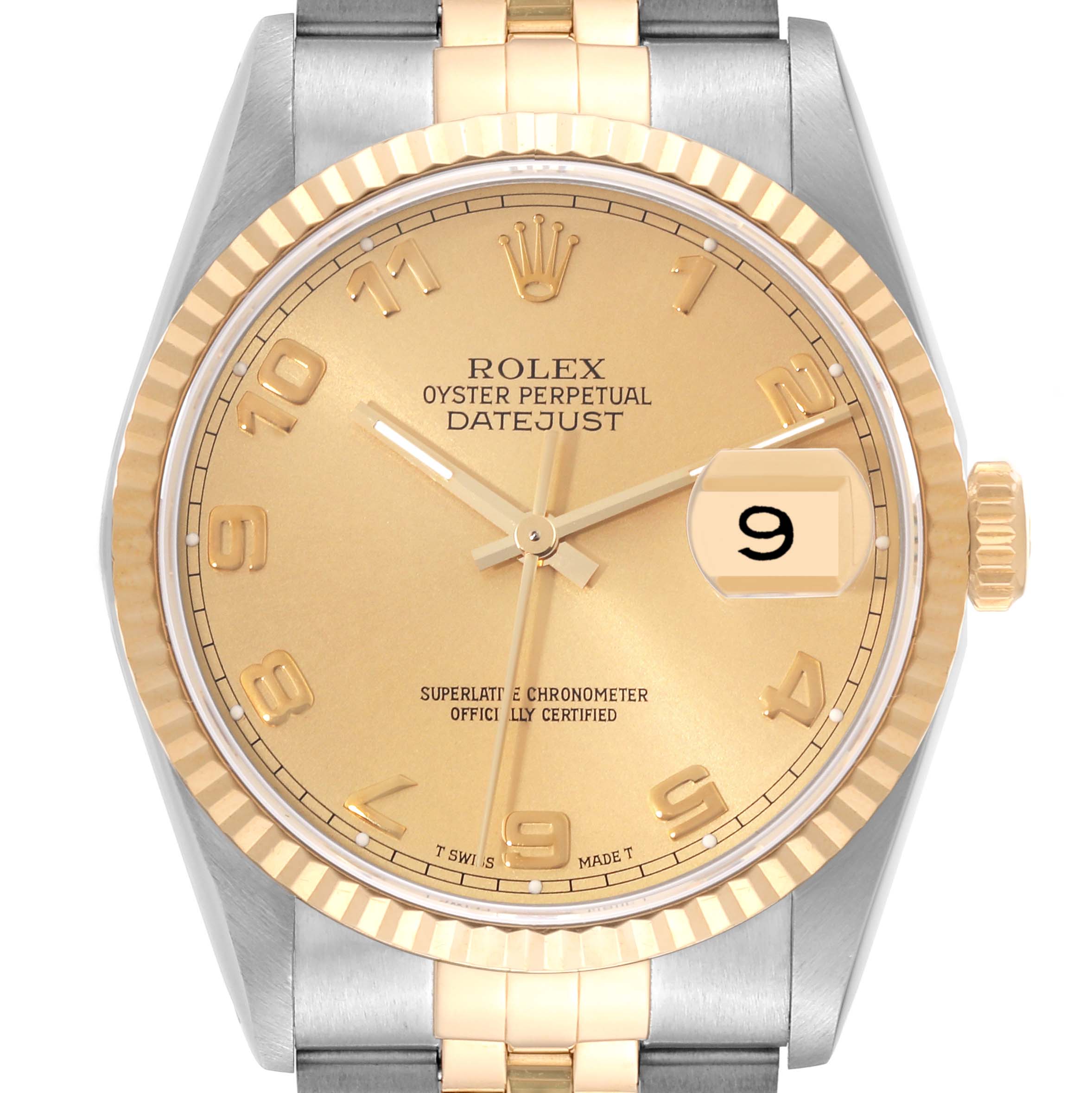 The image shows a close-up of a Rolex Datejust 16233 Men's Steel and Gold (two tone) Champagne Dial 16233 Men's Steel and Gold (two tone) Champagne Dial watch face and bezel, with a clear view of the crown, hands, and bracelet.