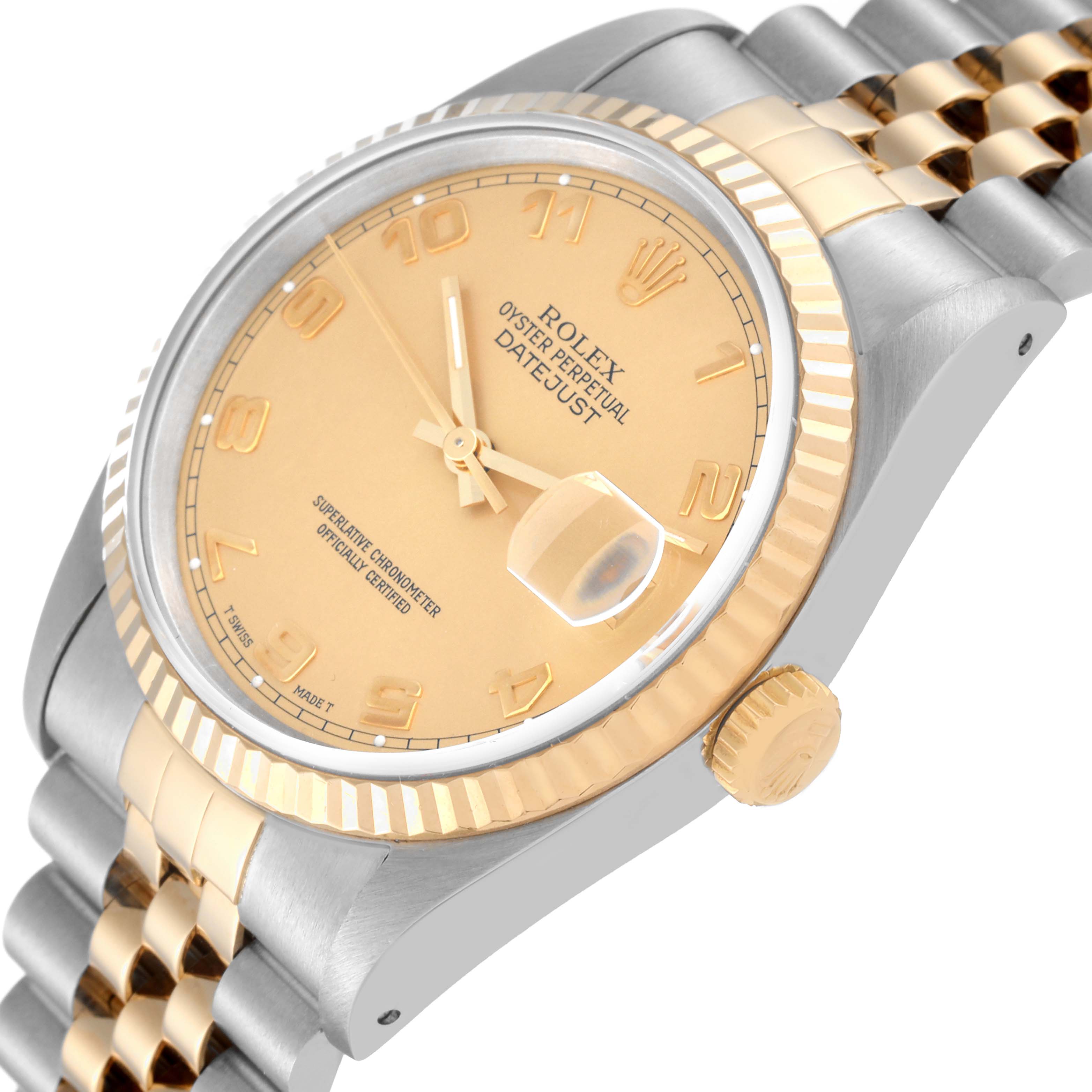 The image shows a side and partial top view of a Rolex Datejust 16233 Men's Steel and Gold (two tone) Champagne Dial 16233 Men's Steel and Gold (two tone) Champagne Dial watch, highlighting its dial, bezel, crown, and part of the bracelet.