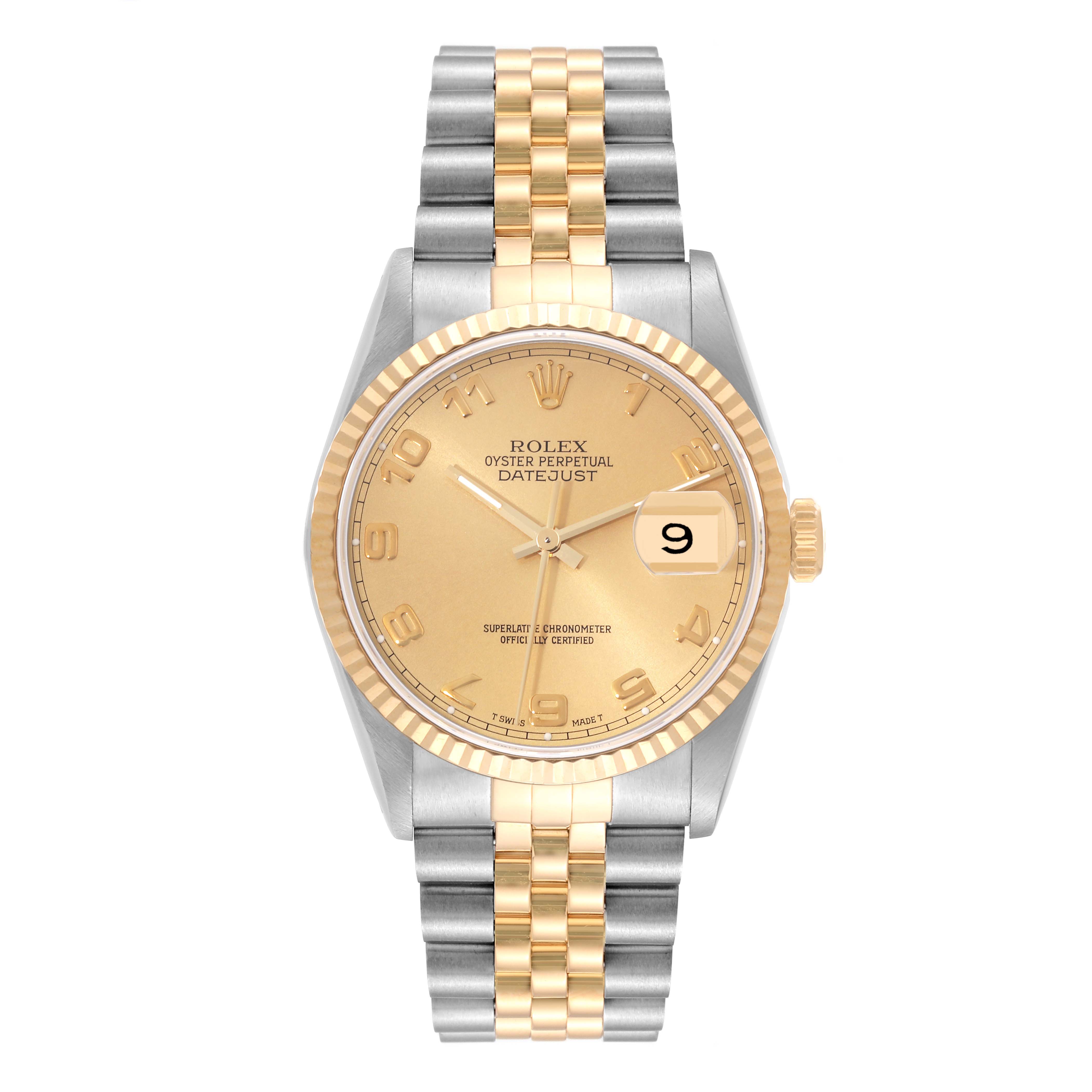 This image shows a Rolex Datejust 16233 Men's Steel and Gold (two tone) Champagne Dial 16233 Men's Steel and Gold (two tone) Champagne Dial watch from a top-down angle, highlighting its dial, bezel, and bracelet.