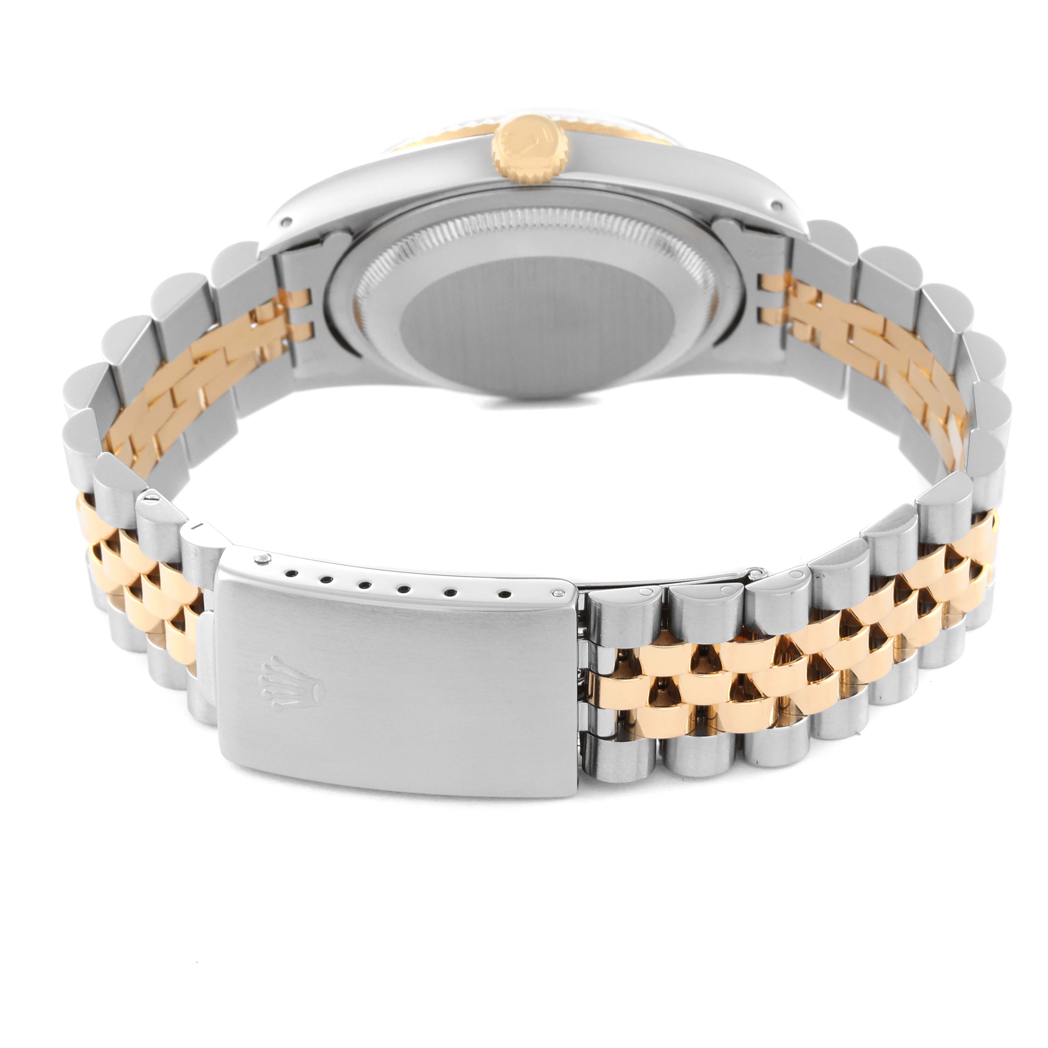 This image shows the back view of a Rolex Datejust 16233 Men's Steel and Gold (two tone) Champagne Dial 16233 Men's Steel and Gold (two tone) Champagne Dial watch, highlighting the two-tone bracelet, clasp, and case back.