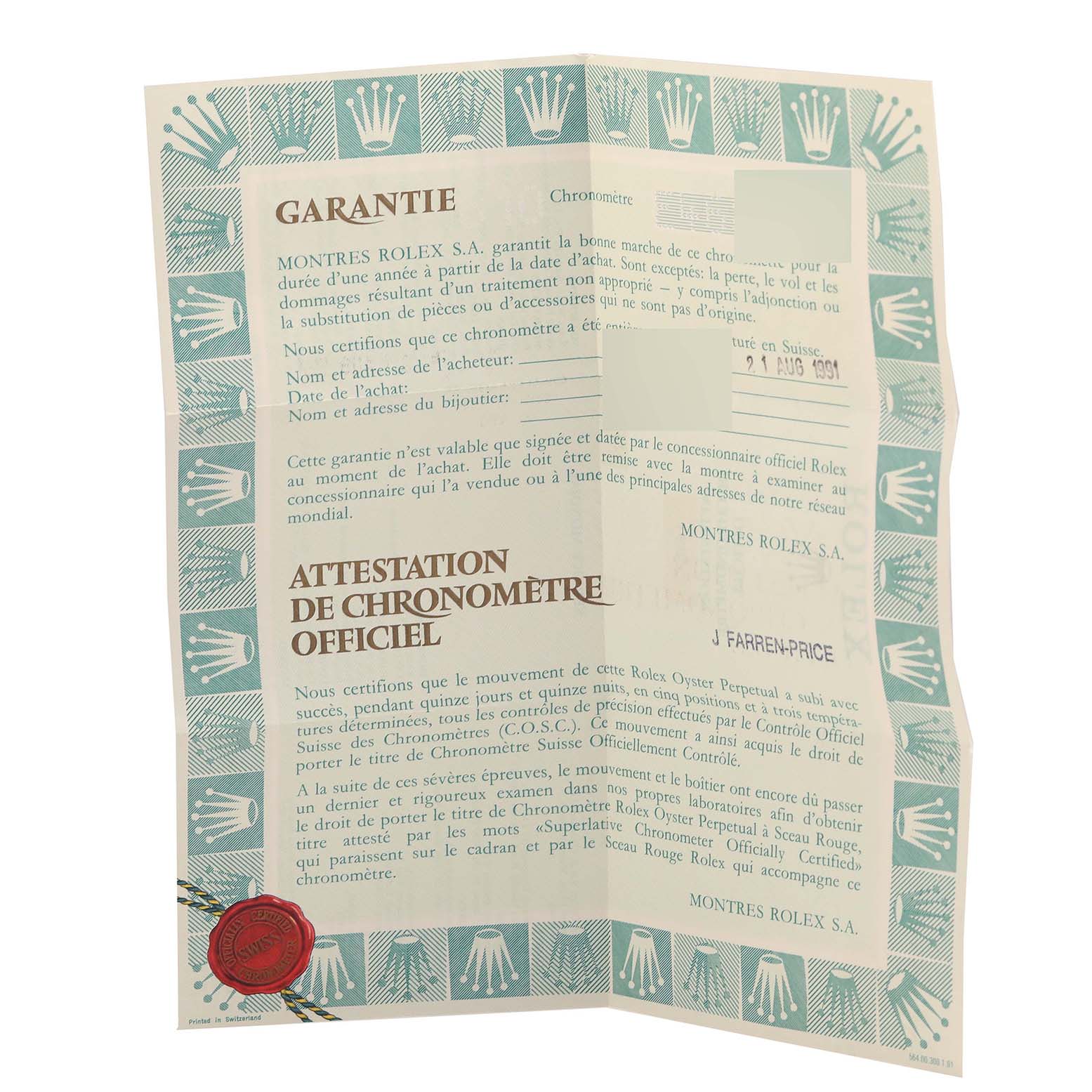 The image shows the warranty and chronometer certification papers for the Rolex Datejust 16233 Men's Steel and Gold (two tone) Champagne Dial 16233 Men's Steel and Gold (two tone) Champagne Dial model.