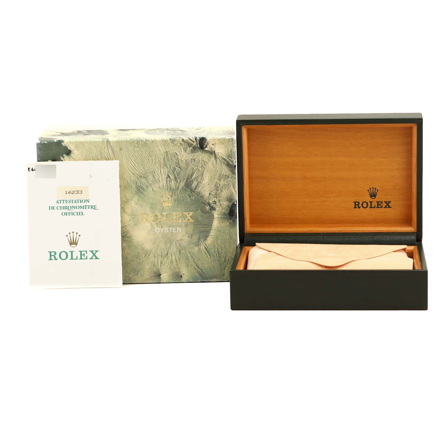 This image shows the Rolex Datejust 16233 Men's Steel and Gold (two tone) Champagne Dial 16233 Men's Steel and Gold (two tone) Champagne Dial packaging, including the outer box, an open inner wooden box, and a certificate booklet.