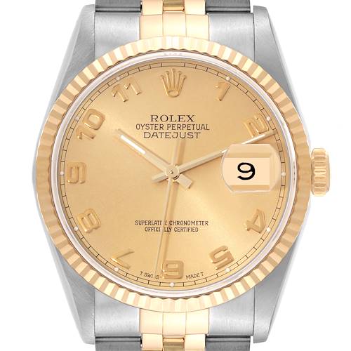 Photo of Rolex Datejust Steel Yellow Gold Champagne Arabic Dial Watch 16233 Box Papers