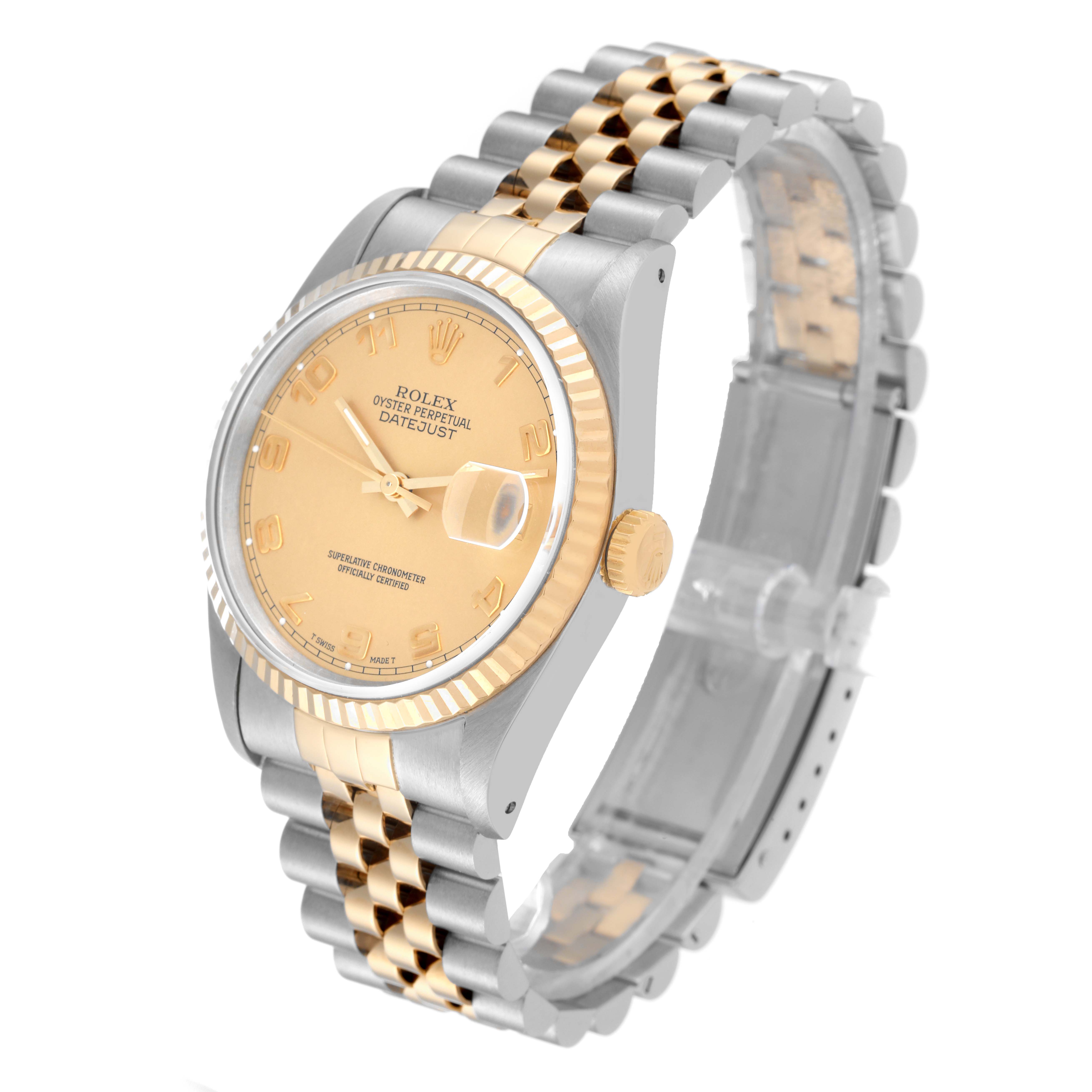 The image shows a Rolex Datejust 16233 Men's Steel and Gold (two tone) Champagne Dial 16233 Men's Steel and Gold (two tone) Champagne Dial watch at a three-quarter angle, highlighting the dial, bezel, and two-tone bracelet.