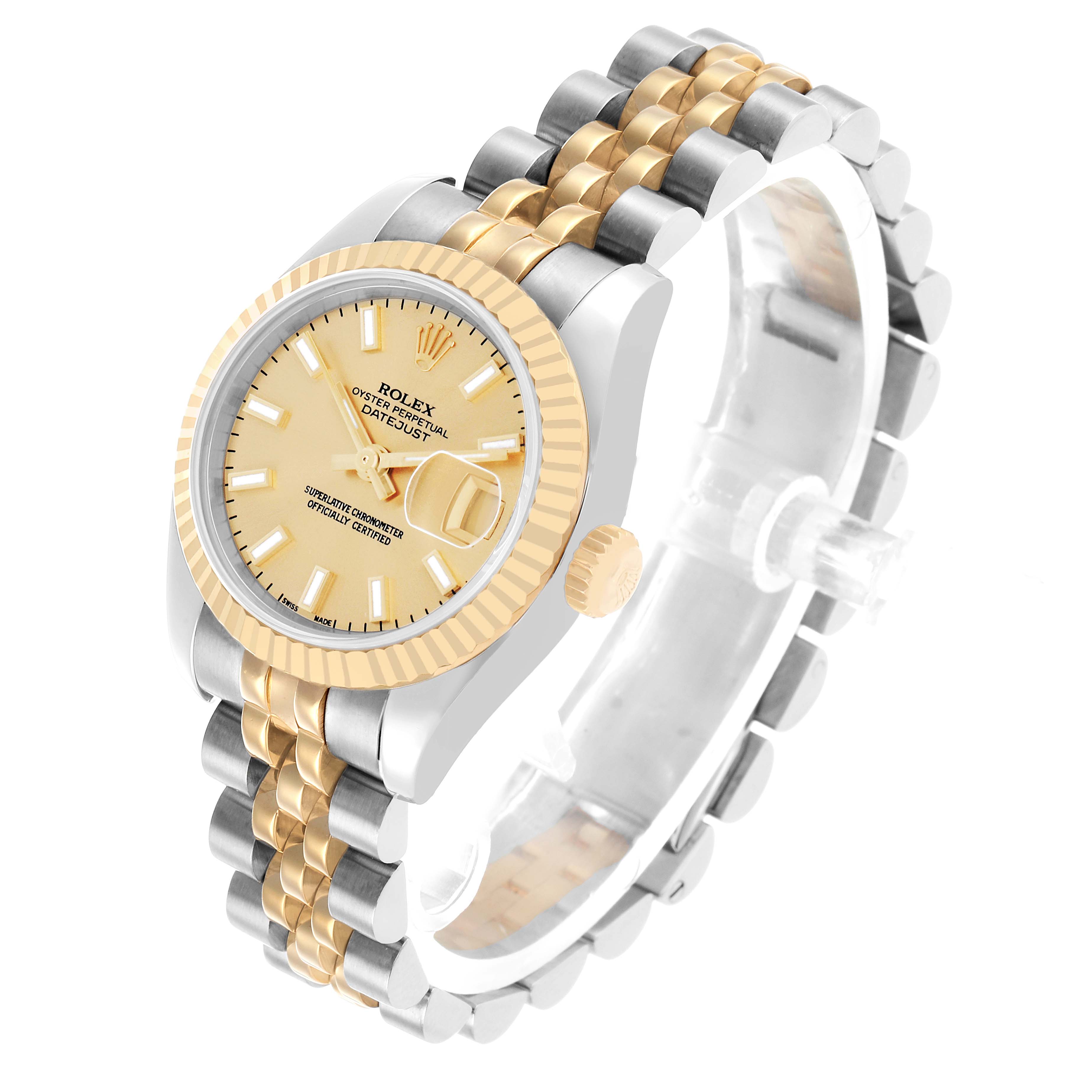 The Rolex Datejust 179173 Women's Steel and Gold (two tone) Champagne Dial is shown at a three-quarter angle, highlighting the face, bezel, crown, and Jubilee bracelet.
