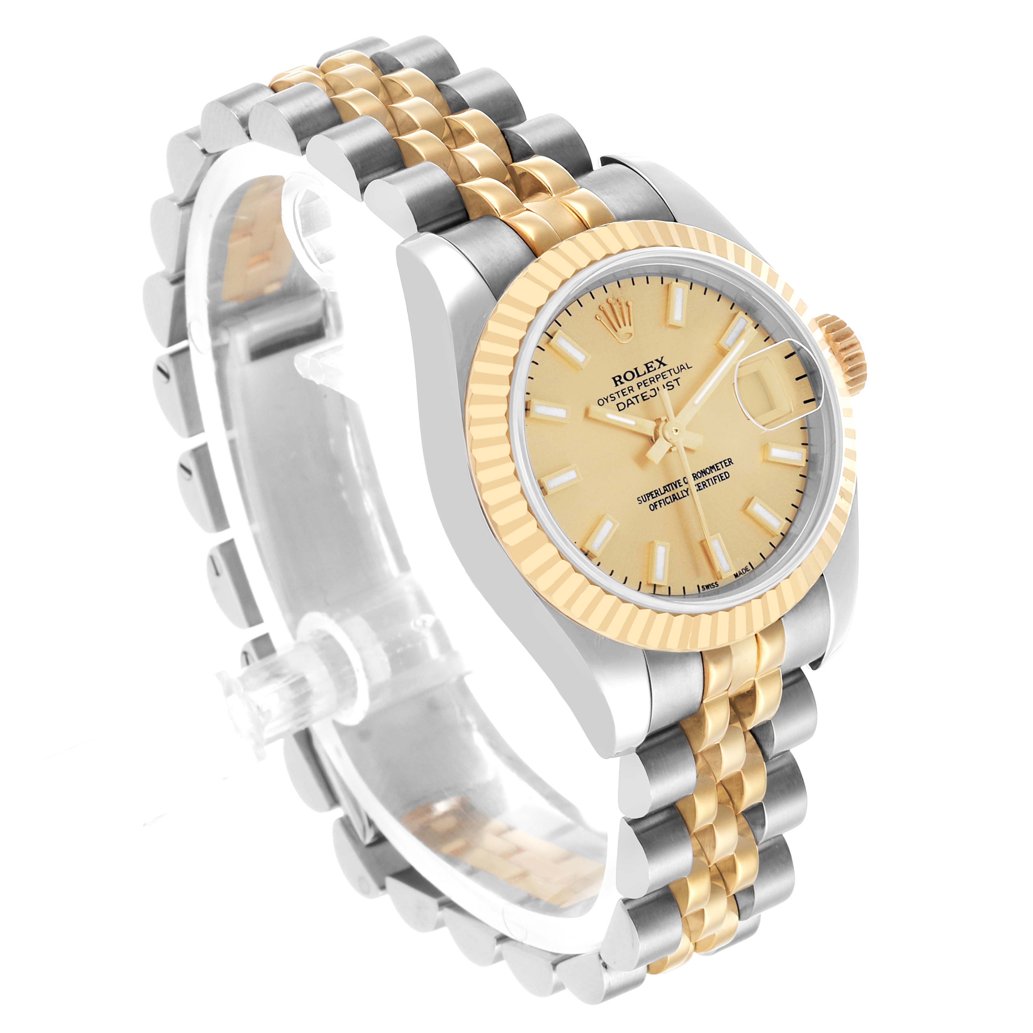 The image shows a Rolex Datejust 179173 Women's Steel and Gold (two tone) Champagne Dial watch at an angle highlighting the face, bezel, and bracelet.