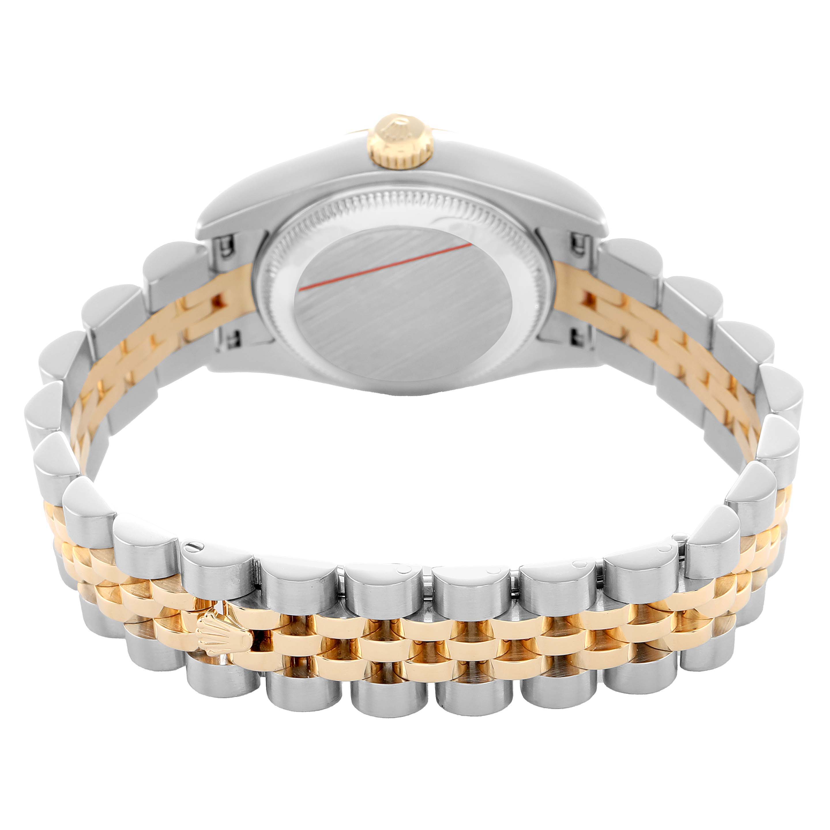 The image shows the back of a Rolex Datejust 179173 Women's Steel and Gold (two tone) Champagne Dial, highlighting its bracelet and case back.