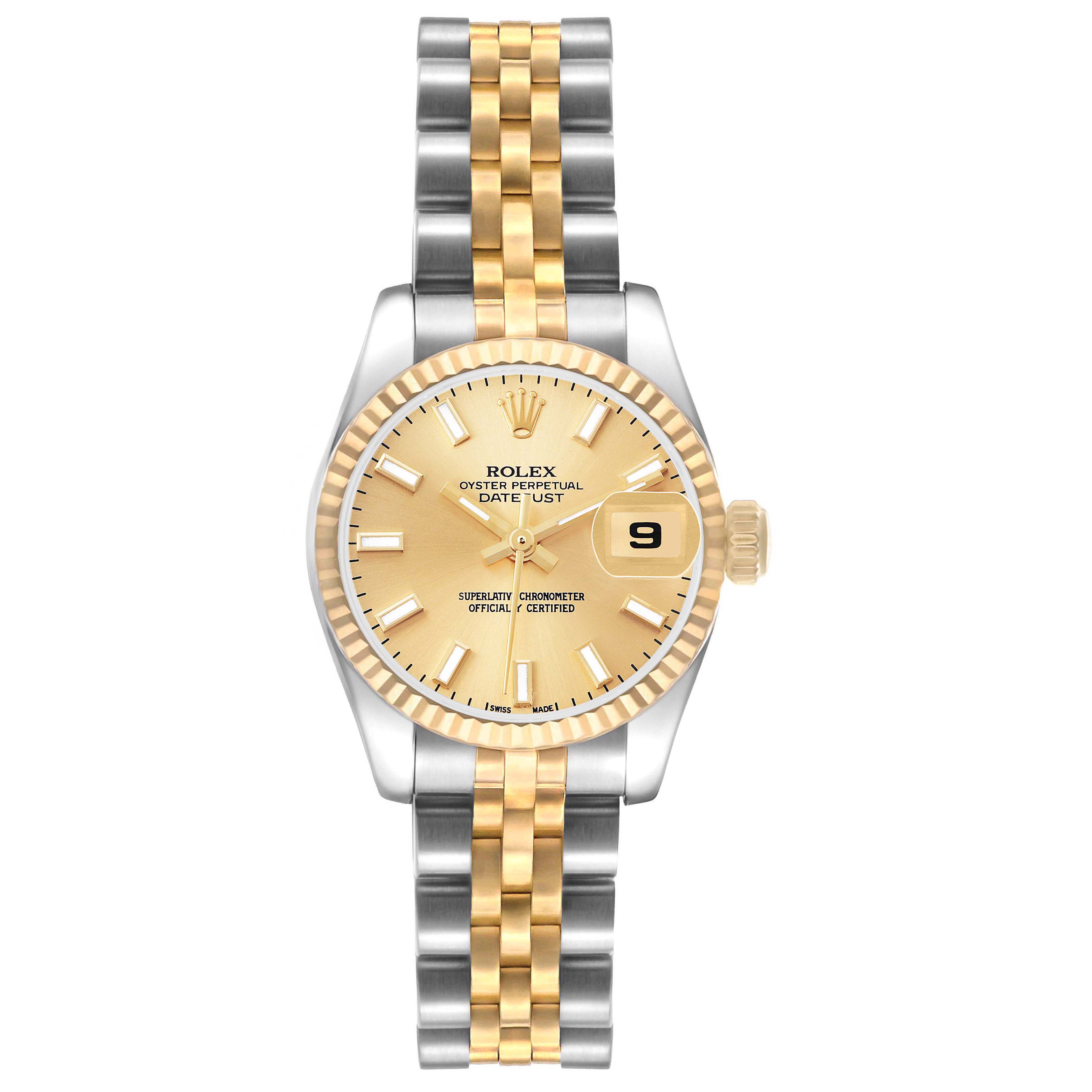 The Rolex Datejust 179173 Women's Steel and Gold (two tone) Champagne Dial watch is shown from a front angle, displaying the face, crown, and two-tone bracelet.