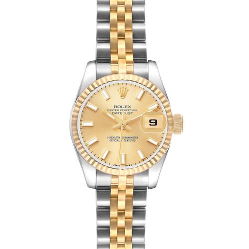 The Rolex Datejust 179173 Women's Steel and Gold (two tone) Champagne Dial watch is shown from a top-down angle, highlighting its gold and silver bracelet, gold dial, and date display.