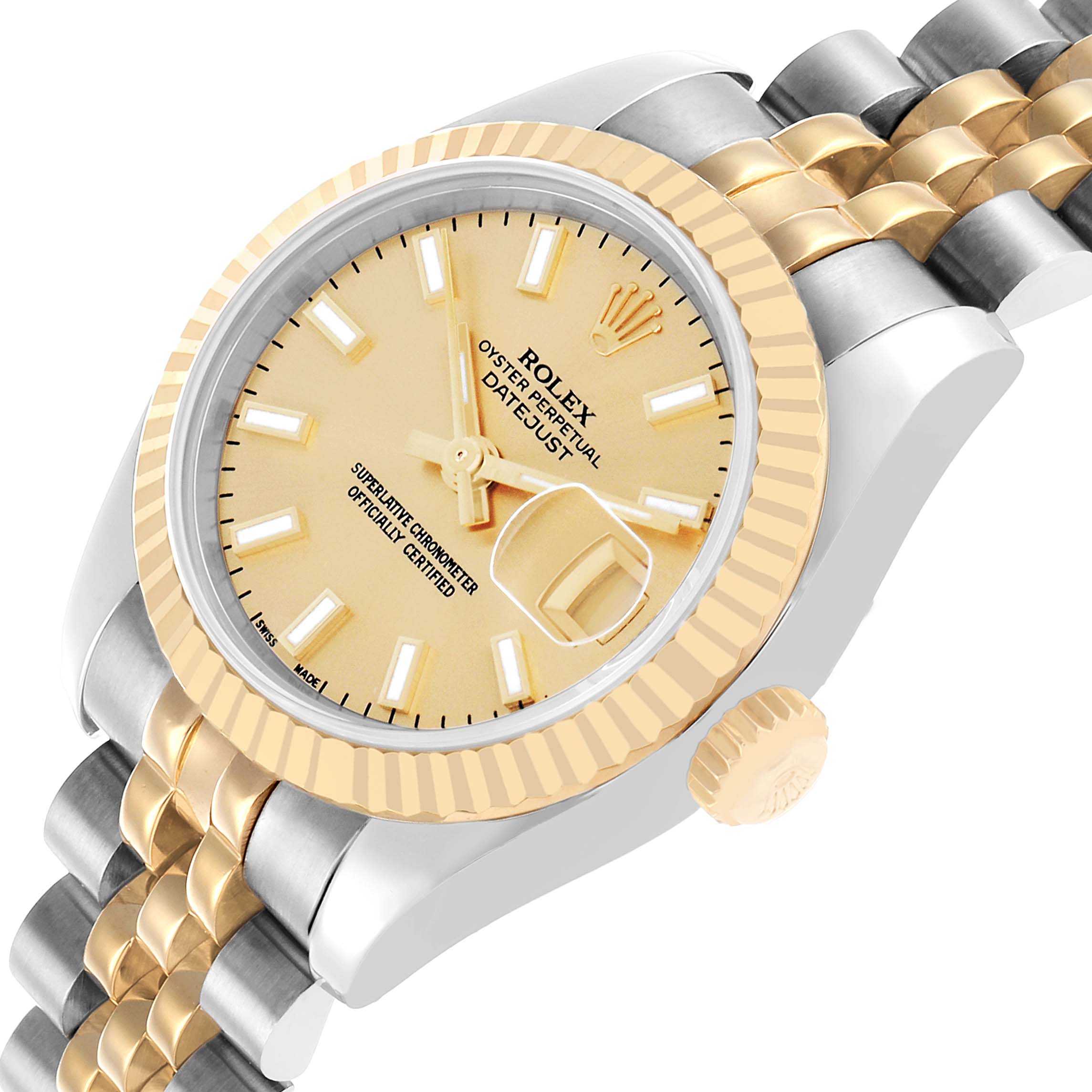 The Rolex Datejust 179173 Women's Steel and Gold (two tone) Champagne Dial watch is shown at a tilted angle, displaying the dial, bezel, crown, and bracelet links.