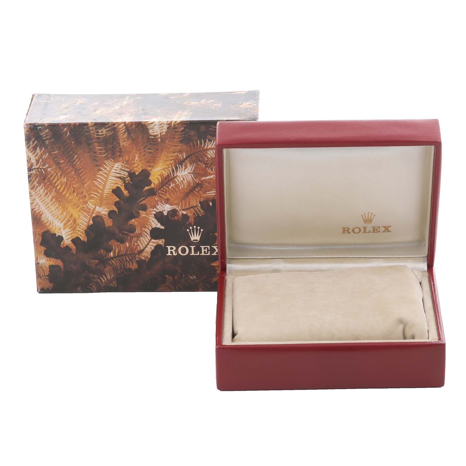 The image shows an open Rolex Datejust 69173 Women's Steel and Gold (two tone) Champagne Dial 69173 Women's Steel and Gold (two tone) Champagne Dial watch box at an angle, displaying the interior and exterior packaging.