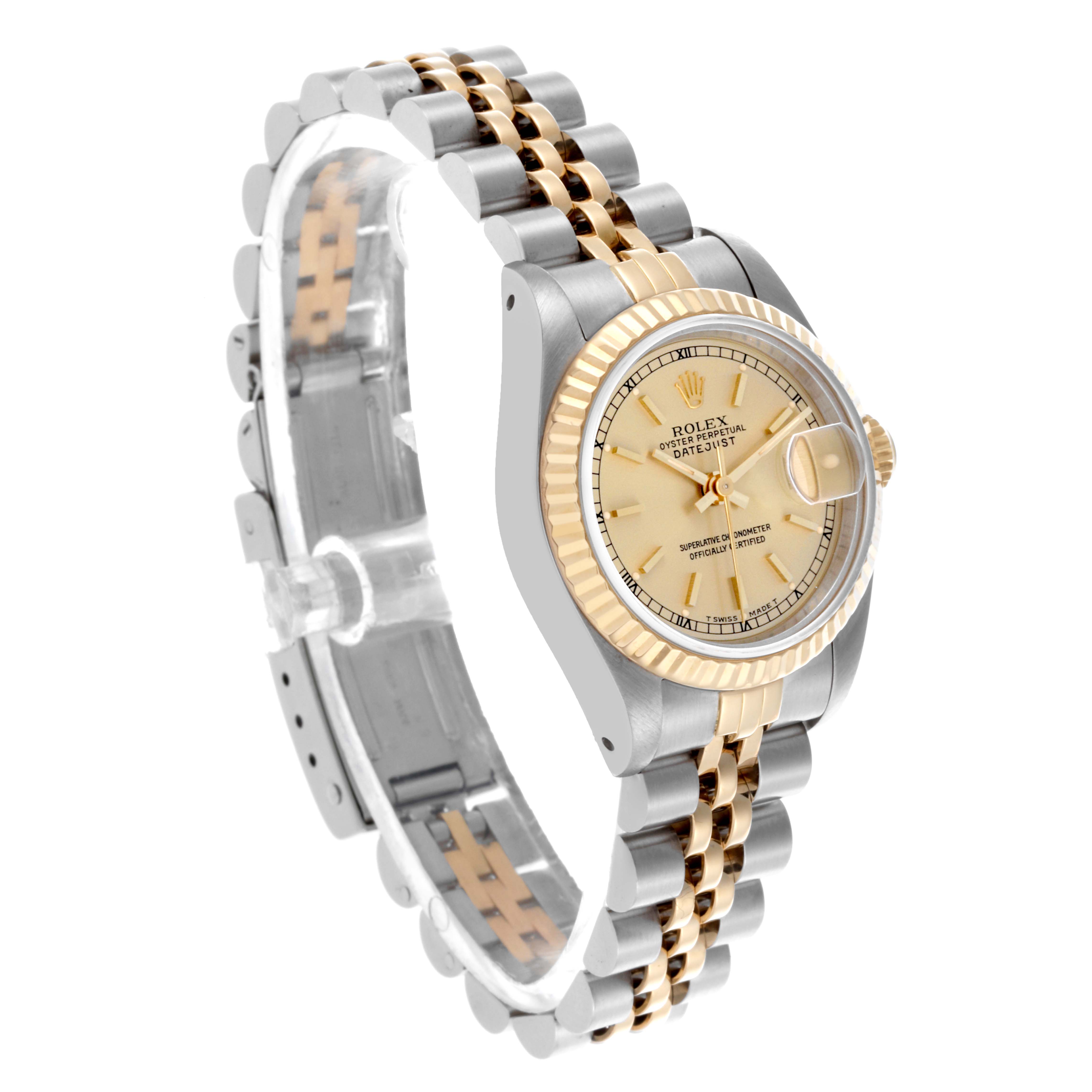 The Rolex Datejust 69173 Women's Steel and Gold (two tone) Champagne Dial 69173 Women's Steel and Gold (two tone) Champagne Dial watch is shown at a three-quarter angle highlighting its bezel, dial, and two-tone bracelet.