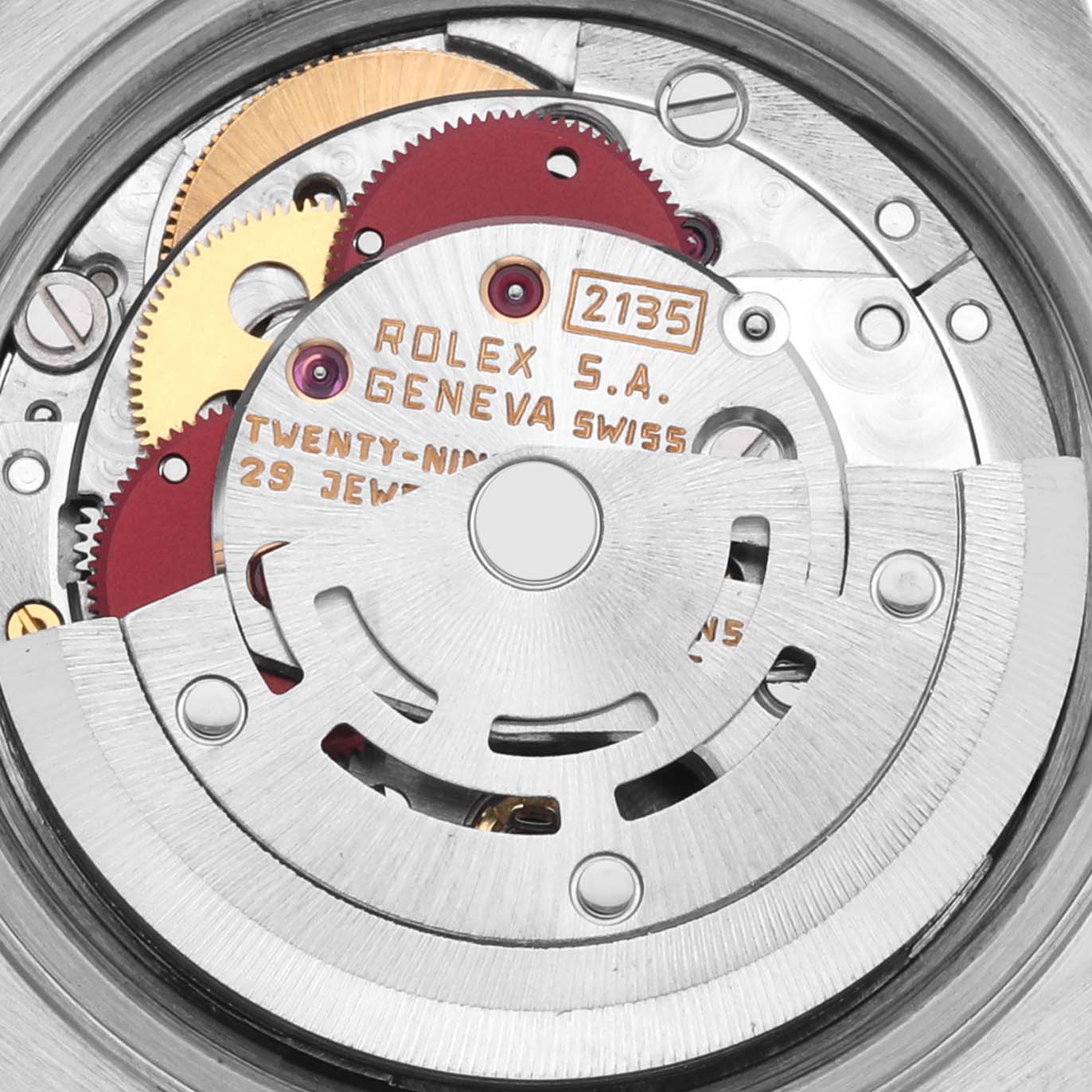 The image shows the movement mechanism of a Rolex Datejust 69173 Women's Steel and Gold (two tone) Champagne Dial 69173 Women's Steel and Gold (two tone) Champagne Dial watch viewed from the back, highlighting gears and components.