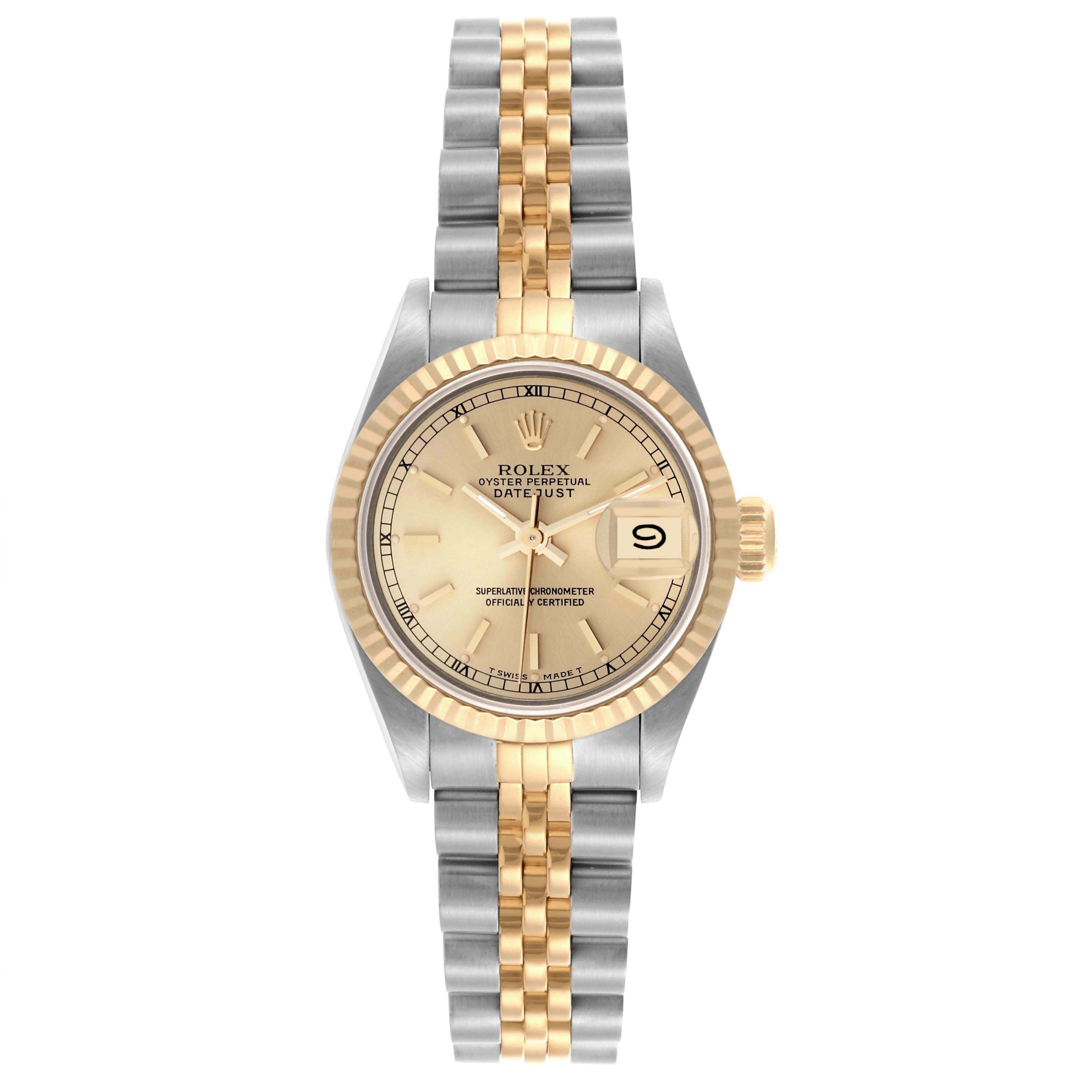The Rolex Datejust 69173 Women's Steel and Gold (two tone) Champagne Dial 69173 Women's Steel and Gold (two tone) Champagne Dial watch is shown from a front angle, highlighting its face and two-tone bracelet.