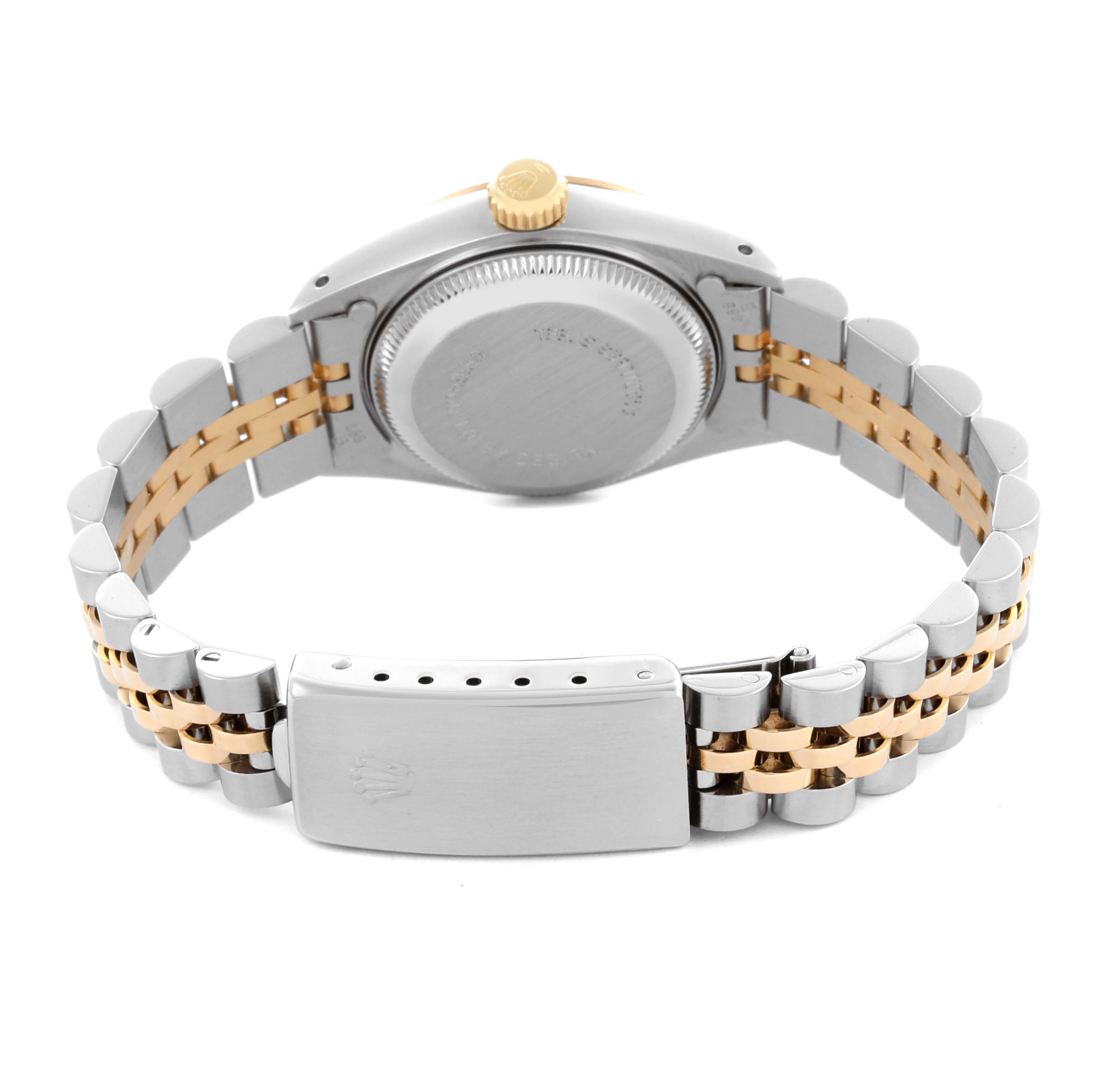The image shows the back view of a Rolex Datejust 69173 Women's Steel and Gold (two tone) Champagne Dial 69173 Women's Steel and Gold (two tone) Champagne Dial, highlighting the bracelet, clasp, and case back.
