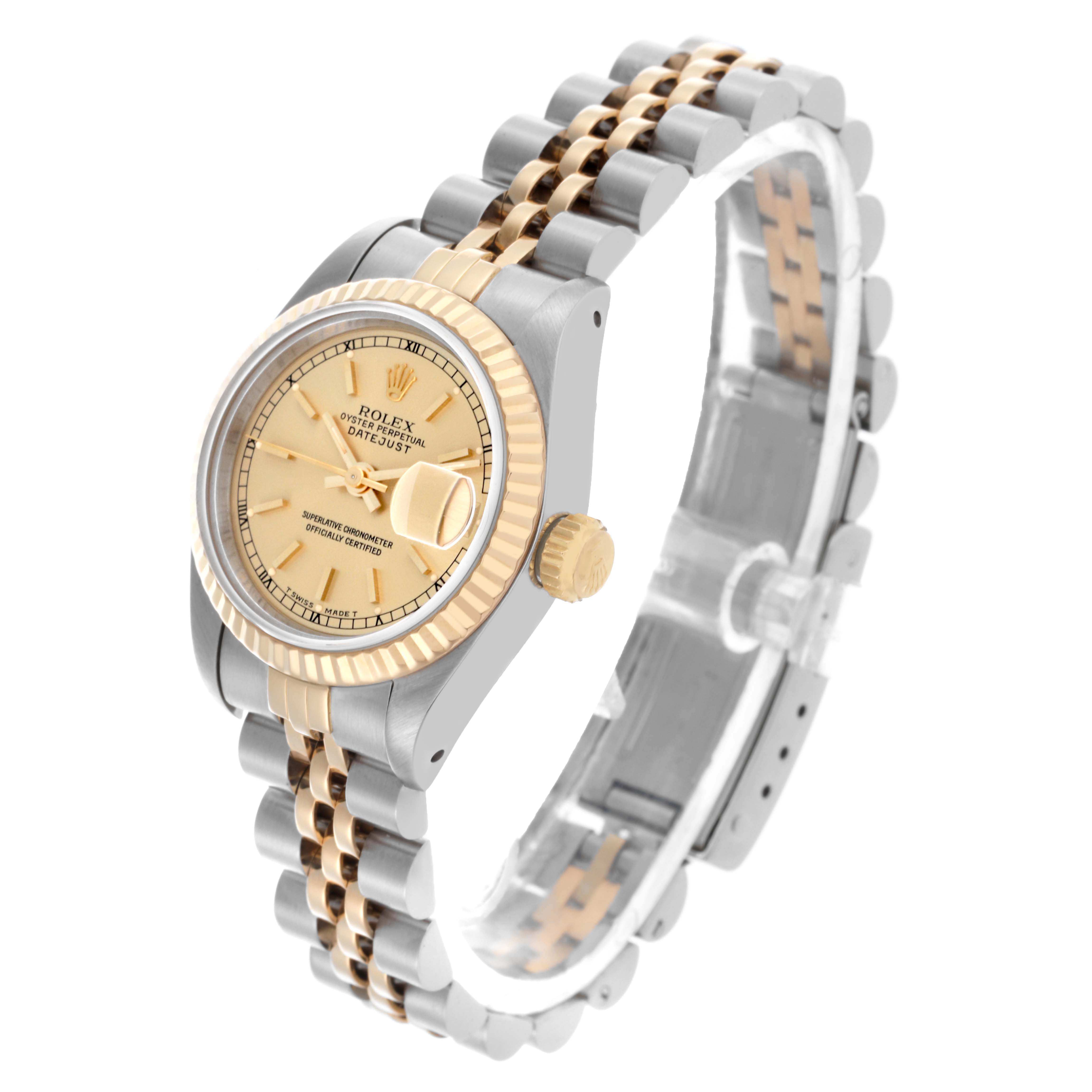 The Rolex Datejust 69173 Women's Steel and Gold (two tone) Champagne Dial 69173 Women's Steel and Gold (two tone) Champagne Dial watch is shown at an angled side view, highlighting the case, dial, crown, and two-tone bracelet.
