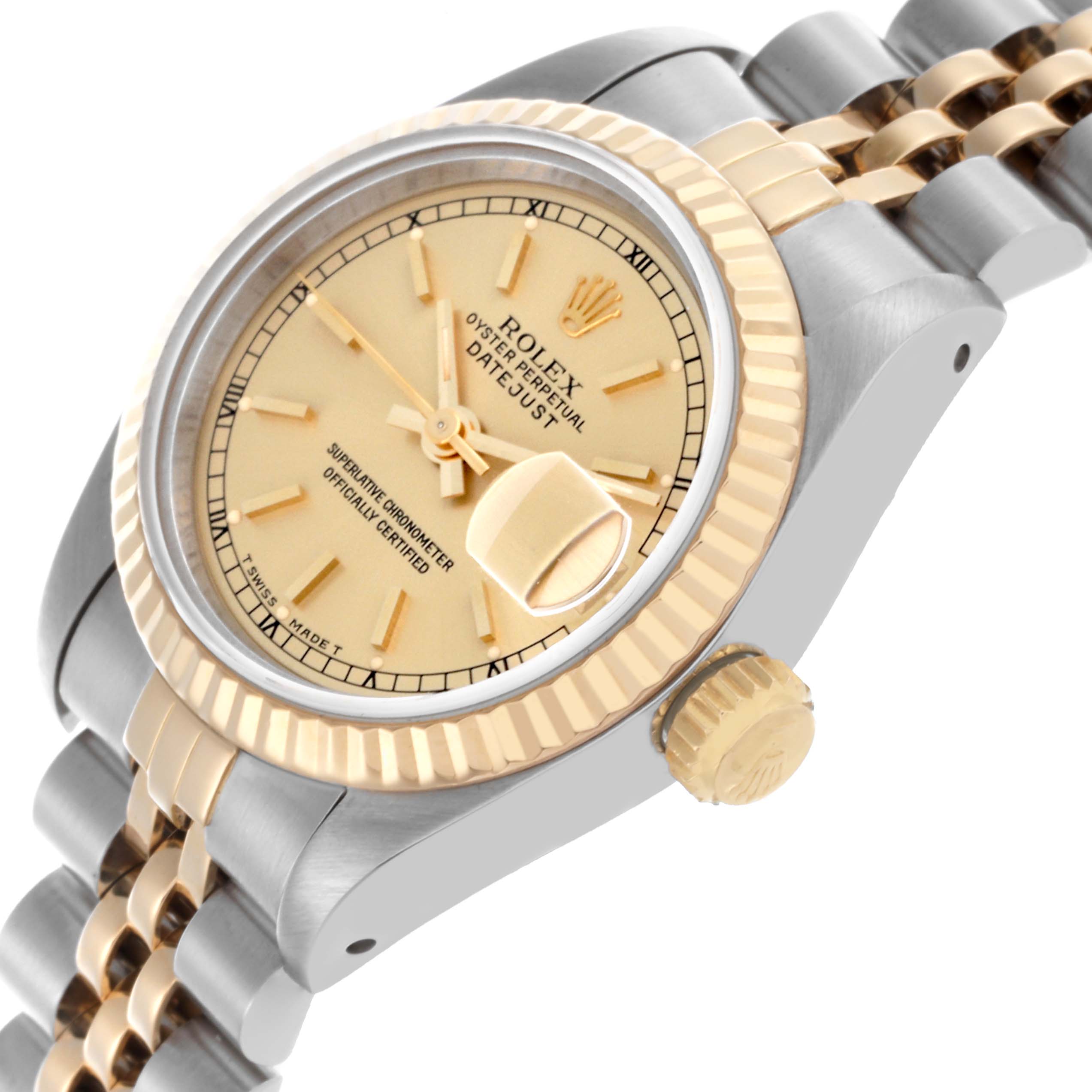 The Rolex Datejust 69173 Women's Steel and Gold (two tone) Champagne Dial 69173 Women's Steel and Gold (two tone) Champagne Dial watch is shown at an angled side view, highlighting the bezel, face, and bracelet.