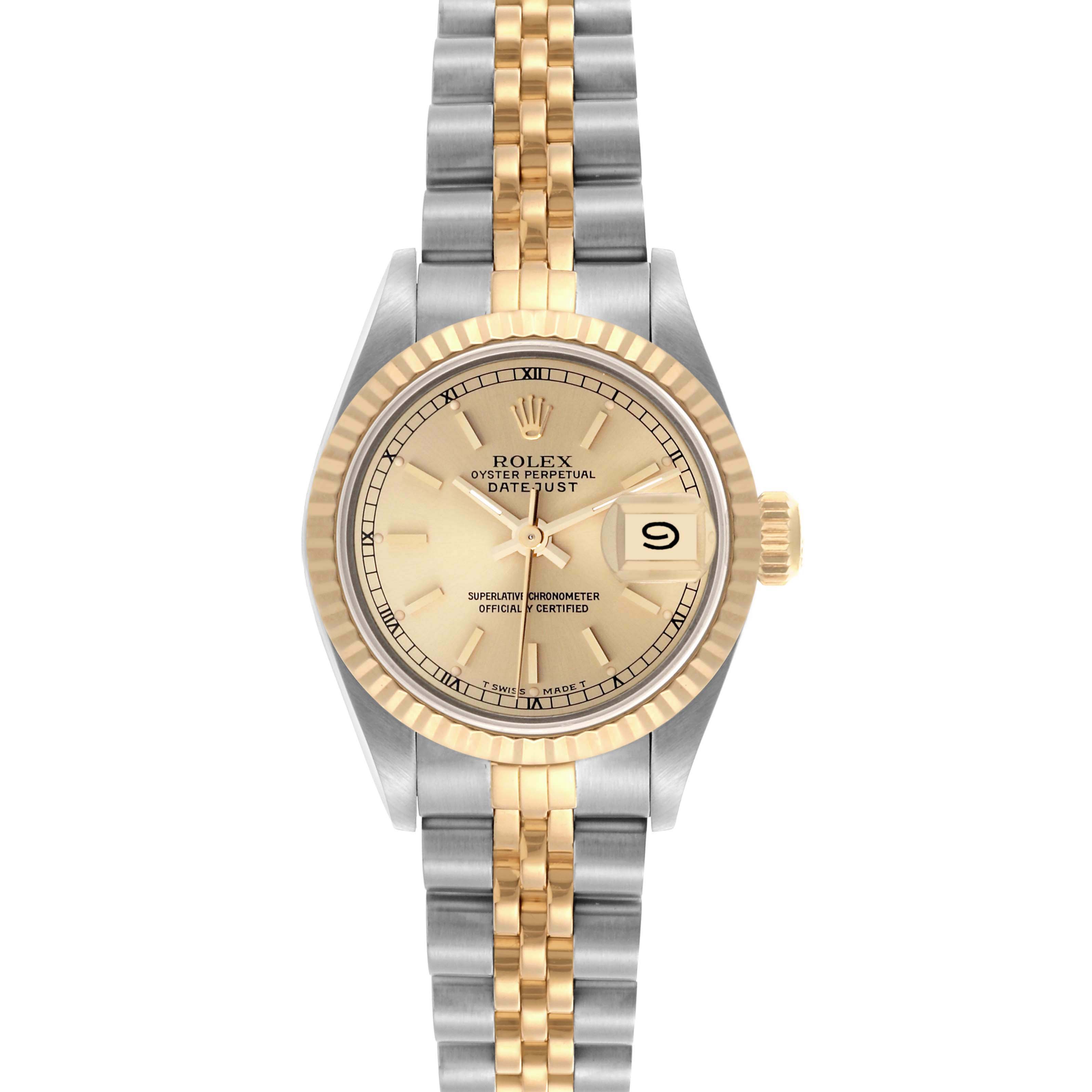 The Rolex Datejust 69173 Women's Steel and Gold (two tone) Champagne Dial 69173 Women's Steel and Gold (two tone) Champagne Dial watch is shown from a top-down angle, highlighting the dial, case, bezel, and two-tone bracelet.