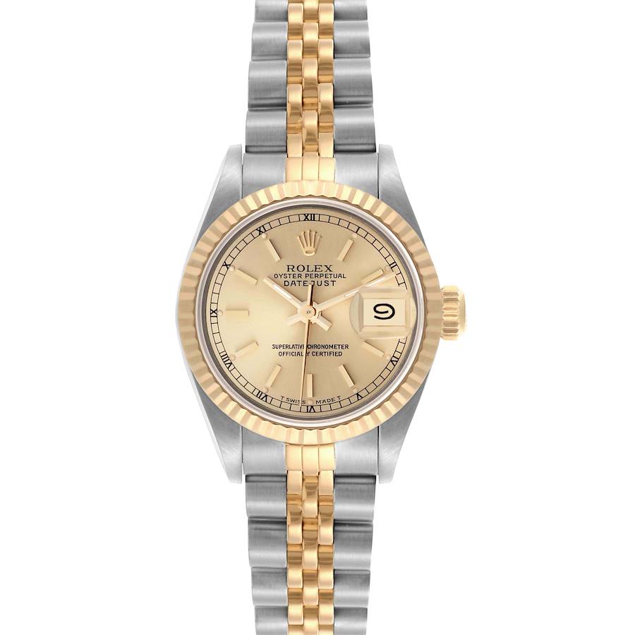 The Rolex Datejust watch is shown from a top-down angle, highlighting the dial, case, bezel, and two-tone bracelet.